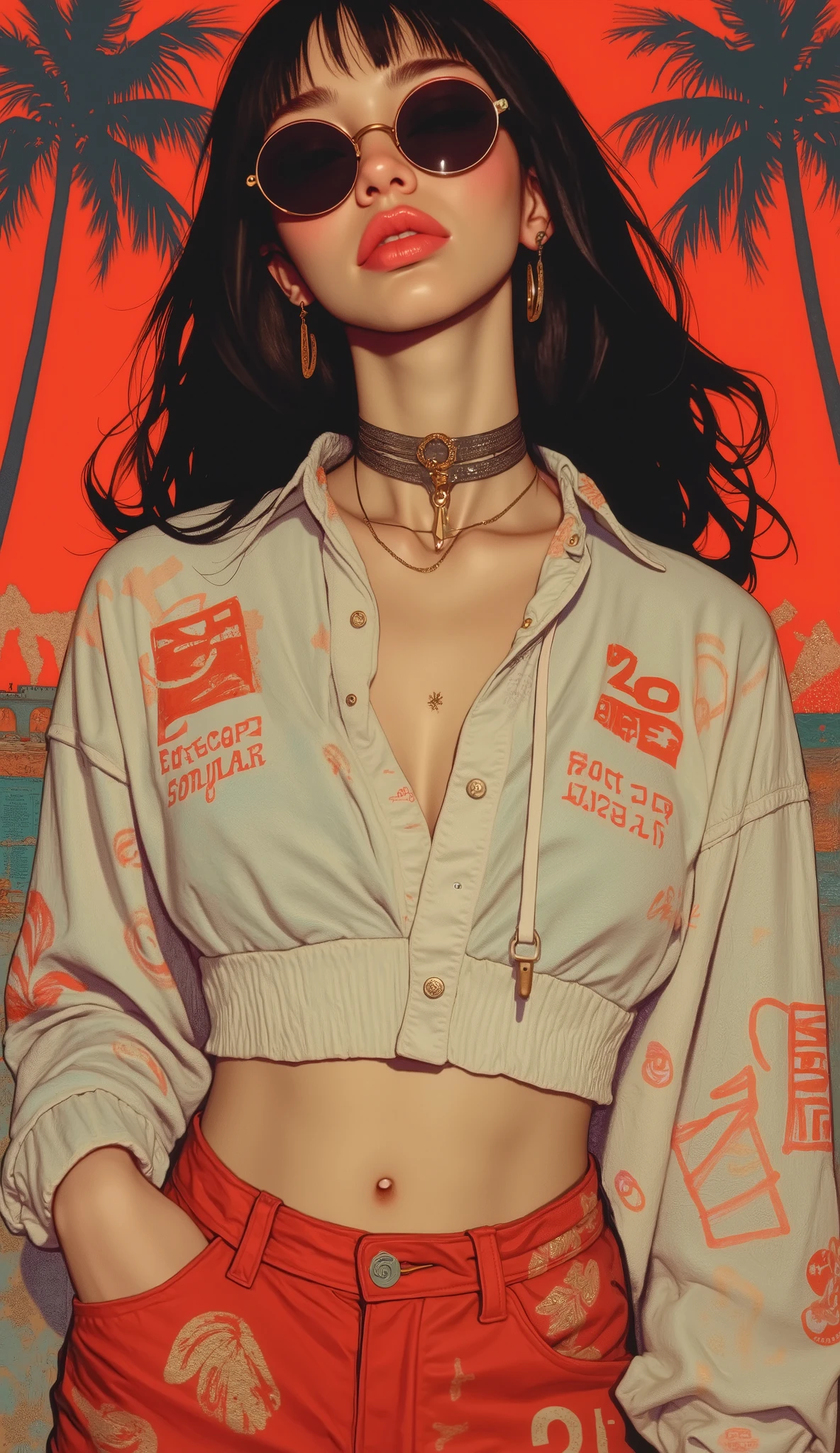 Flat Illustration artwork, ((young 24 year old Maggie cheung)) in a oversized crop top and shorts in a fashion pose in front of simple background, up close red lips, wear dark sunglasses, korean pop-star, big smile, black hair, pretty hands, fringe, simple red background, palm trees, (graffiti wall:1.2), ((Art style by Patrick Nagel)), ((8k, wallpaper, detailed)), strong, courageous, art by Patrick Nagel, splash artwork poster