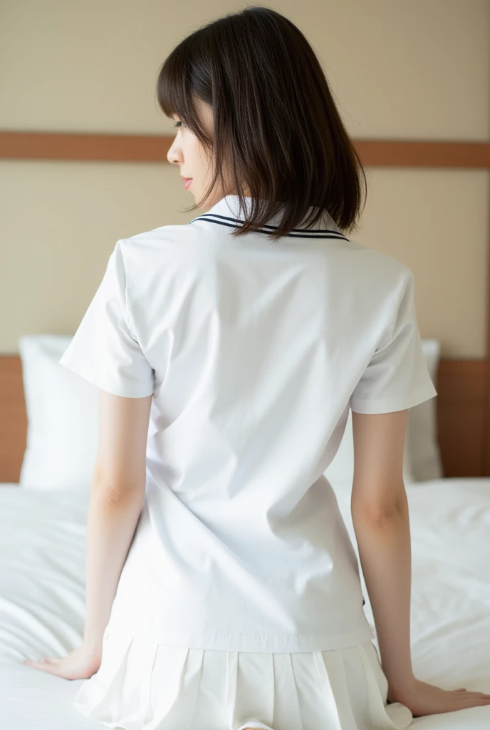 Gray background、pubic hair、Large Breasts、Thighs、Red lipstick、Curly Hair、Disheveled Hair、Cute woman、high school girl、White shirt、Navy blue mile、Open chest shirt、Watching from behind、Butt、One Woman、Gazing at the sea、