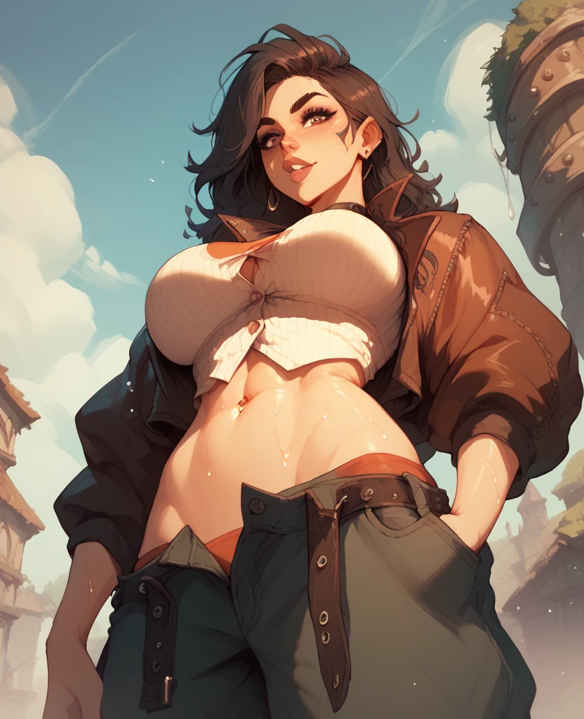 1 girl,(solo),(high-level image quality),(hight quality),(hight resolution),(detailed),(masterpiece),(artwork:1.2), (realistic), (cowboy shot:1.5),looking at viewer, Detailed eyes, perfect face, perfect eyes, Detailed face,very short black hair,fingerless glove,Kinessa (Paladins),(eyewear),(wearing tight shorts),crop top, (Yellow scarf), smile, curvy, naked, giant breasts, uncensored, sniper's rifle
