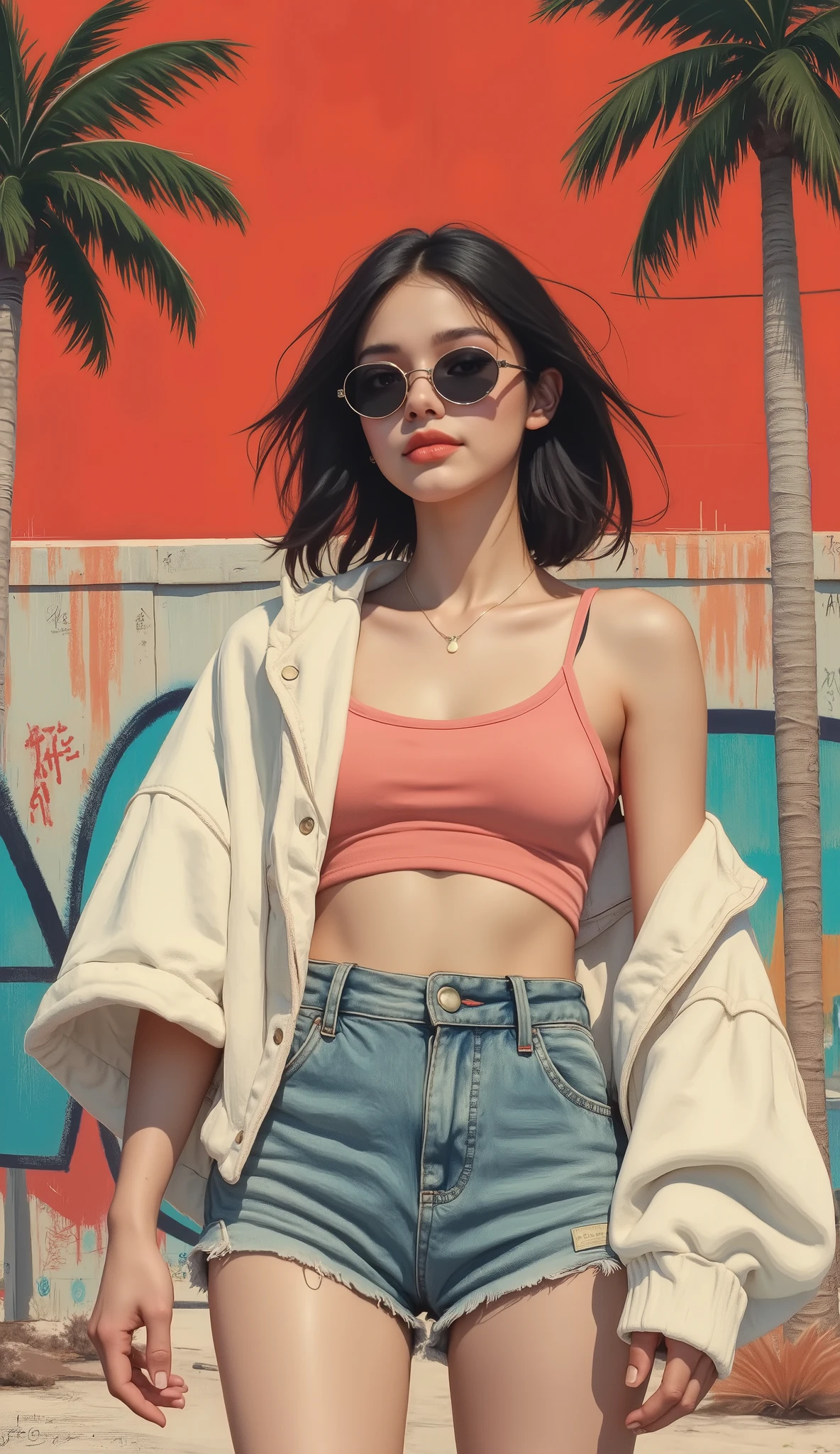 Flat Illustration artwork, ((young 24 year old Maggie cheung)) in a oversized crop top and shorts in a fashion pose in front of simple background, up close red lips, wear dark sunglasses, korean pop-star, big smile, black hair, pretty hands, fringe, simple red background, palm trees, (graffiti wall:1.2), ((Art style by Patrick Nagel)), ((8k, wallpaper, detailed)), strong, courageous, art by Patrick Nagel, splash artwork poster