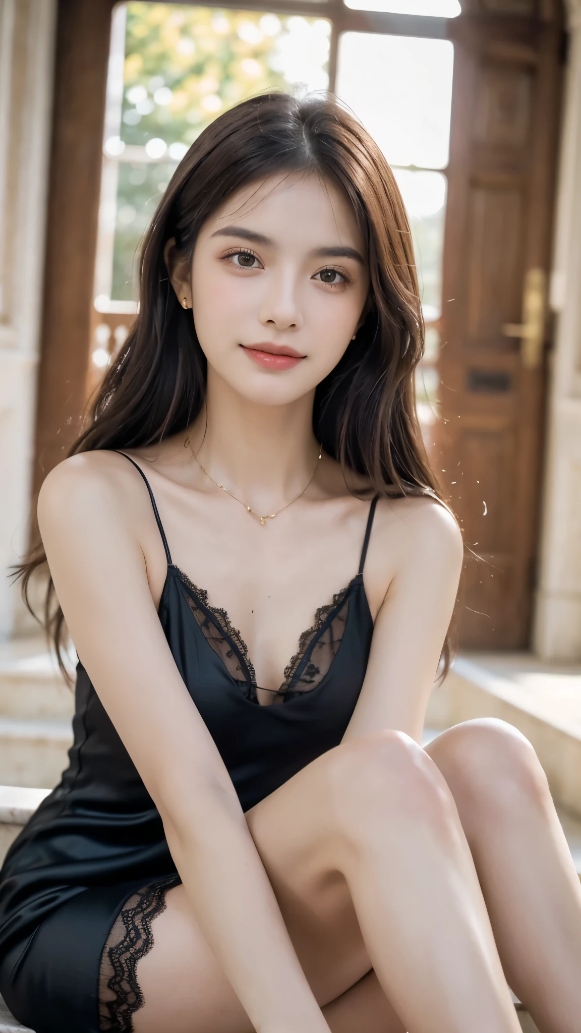 Very sexy and seductive (small black lingerie:1.2, looking to the camera, cinematic lighting, perfect, Luz outfit, high resolution skin:1.2, realistic skin texture, beautiful 14-year-old girl、a small face、without makeup, off the shoulders, 32C breasts、small neckline, hazel eyes, very black hair on my shoulders, dark black hair、son、neutral background , looking straight at the target and with a nice and pleasant smile