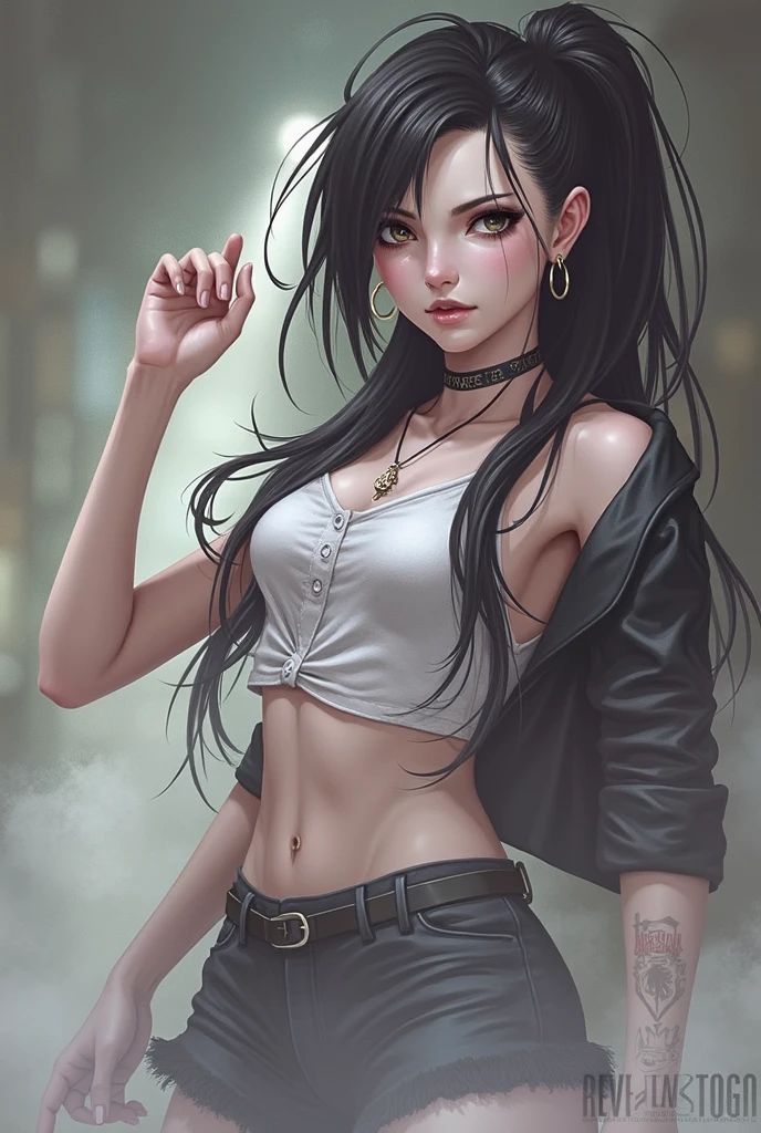 1girl, striped thigh-highs, red and white striped stockings, shorts, black crop top tucked into shorts, belt, long curly hair, beautiful detailed eyes, beautiful detailed lips, extremely detailed face, longeyelashes, medium bust, nipples covered, studio lighting, highly detailed, cinematic lighting, photorealistic, realistic skin texture, dynamic pose, intricate details, warm color palette, glowing skin, hyper detailed, vibrant colors, award winning photography, ethereal, elegant, alluring, portrait