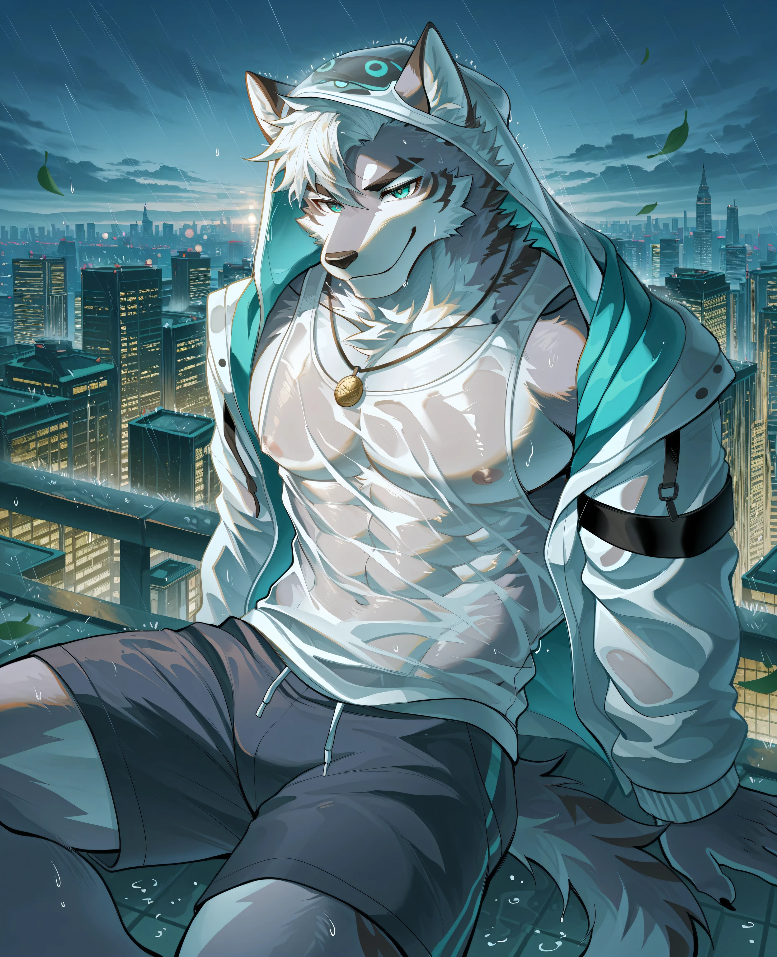 sfw,masterpiece,UHD,solo:1.2,highres,best quality,anatomically correct,furry male,male_focus,(white cat,Maine coon),collarbone,(white fur:1.5,white hair),grey_streaked_hair,short hair,black eyebrow,snout,(detailed eyes,teal_blue eyes,detailed pupils,beautiful eyes),snout,animal ears,cat ears,absurdres,shapely,handsome,fluffy Maine_coon tail,cowboy_shot,(slender muscle:0.3),(open white jacket,wet tank-top,nipples,necklace,black armband,transparent grey shorts,transparent clothes,see-through_silhouette,hood on head),(5 fingers:1.1),(skinny:0.7),(peaceful face,seductive smile),cool pose,sitting on roof,leaning back,(on roof,buildings,in city,skyline,rainy,leaves in wind,),ray tracing,looking_at_viewer,from_side:1.3,(dim light,ambient light:1.2),bokeh,detailed background,Tyndall effect,(city scenery),((beautiful detailed background)),break,(wolftapioca:0.3,chung0u0,(by zwm:0.6),(lindong:0.8),(by null-ghost:0.8),huashijw,(asteroid_ill:0.8),(smile \(qd4nsvik\):0.9)),cg,highres,sfw