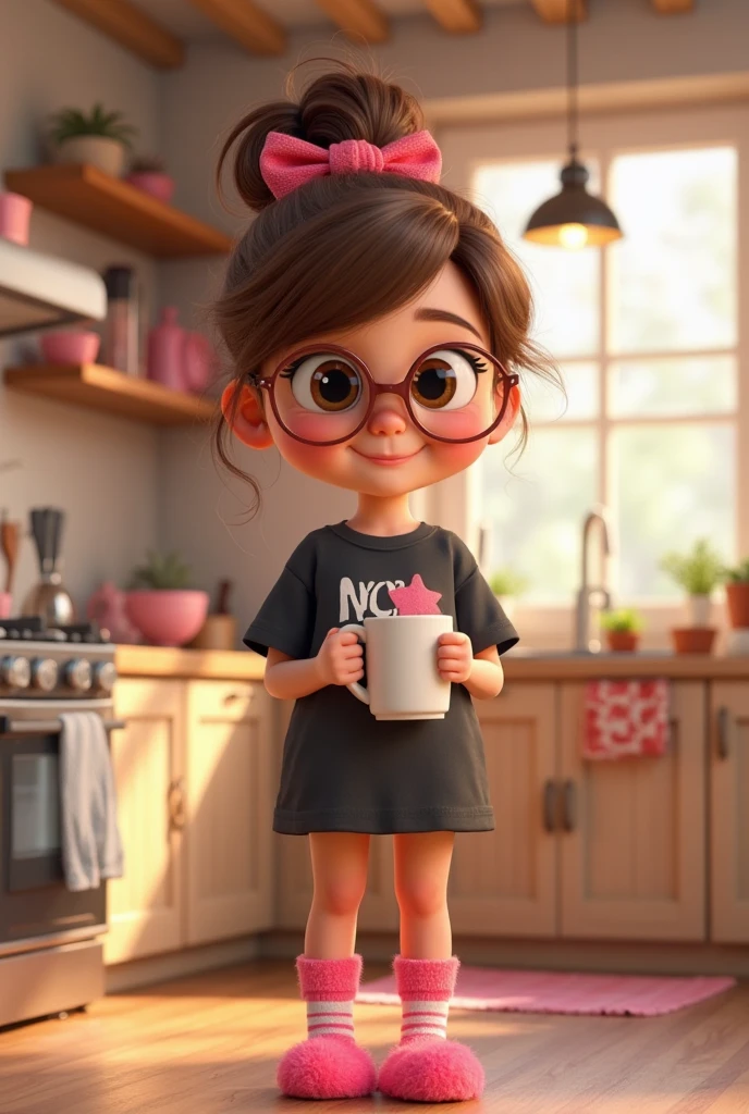 A town young big girl with specs and tied hair in a ponytail wearing tshirt and mini skirt. She hold a jar filled with water in kitchen
