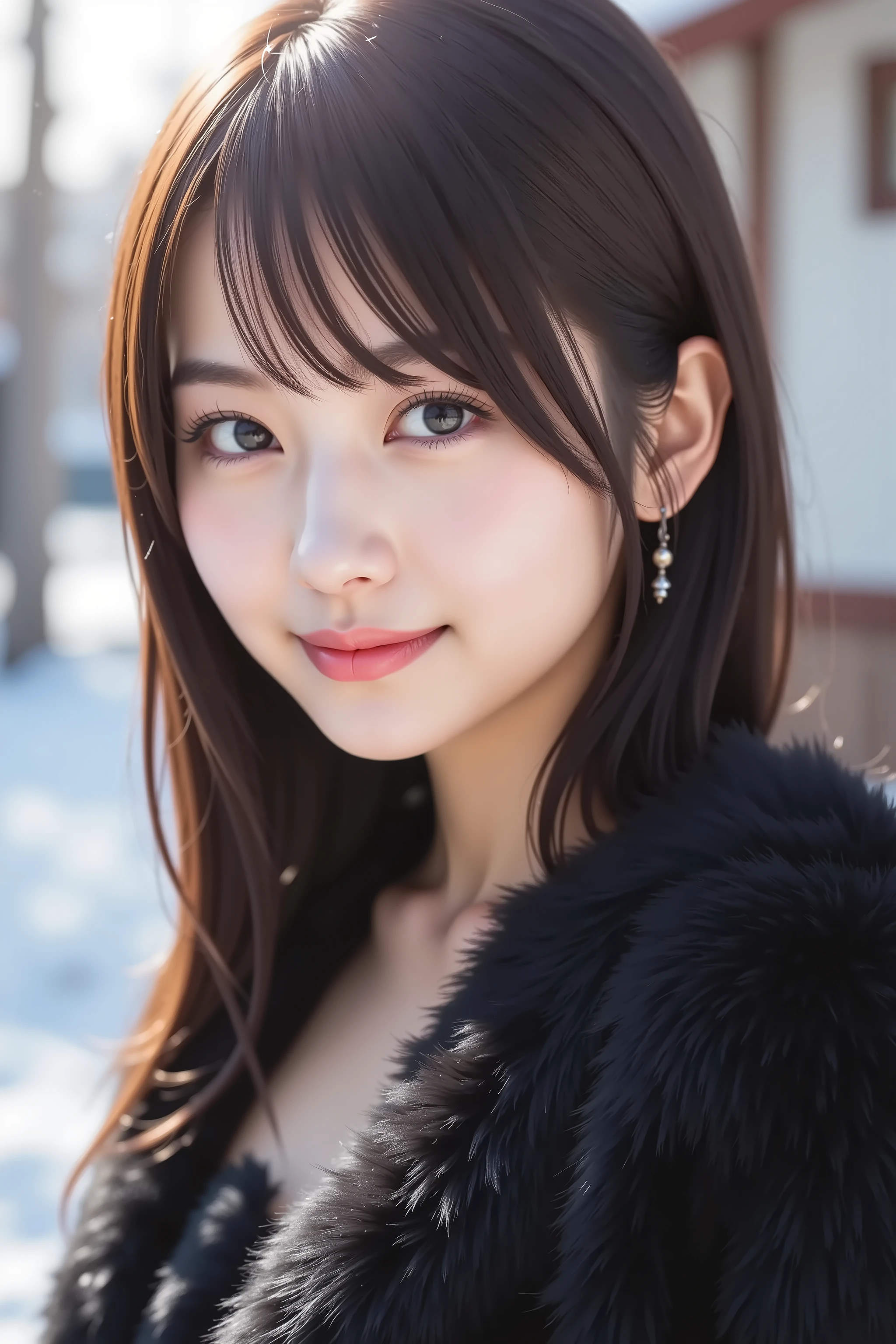 face positioned accurately in the center of the image , Upper chest , illustration of a woman with a penis ,  I can clearly see my face  、 snowy black fur coat, Outside a snowy winter landscape, long hair、bungs, smile, young and cute Japanese face , Official Art, high quality CG Unity 8k wallpaper,Ultra high quality , very detailed, high quality , FILM GRAIN , lens flare glow , top quality ,8k, snowy black fur coat as a ,8k, viewer ,  masterpiece,top quality ,very detailed, it's cute , sexy,very detailedな,Detailed Features ,beautiful,  illustration with a woman's penis , beautiful Japanese woman, Women&#39;s 1 ,  tight breasts