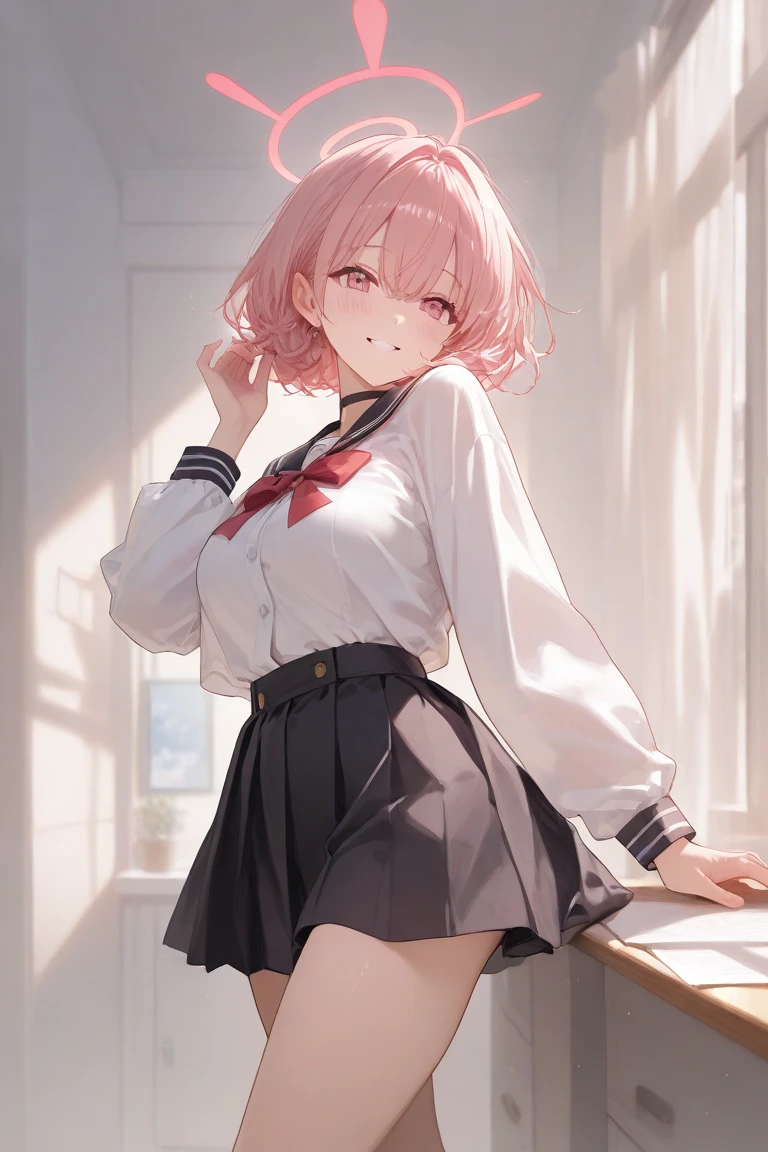 White Sailor Suit、Black mini skirt、white panties、White Bra、NUDE、Bob Hair、Pink Eyes