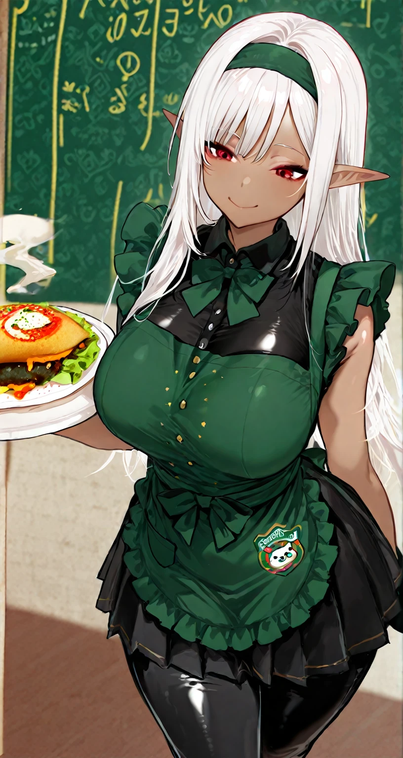 A young silver haired woman with green eyes with an hourglass figure in a gothic one piece swimsuit is smiling with a burger in her hand