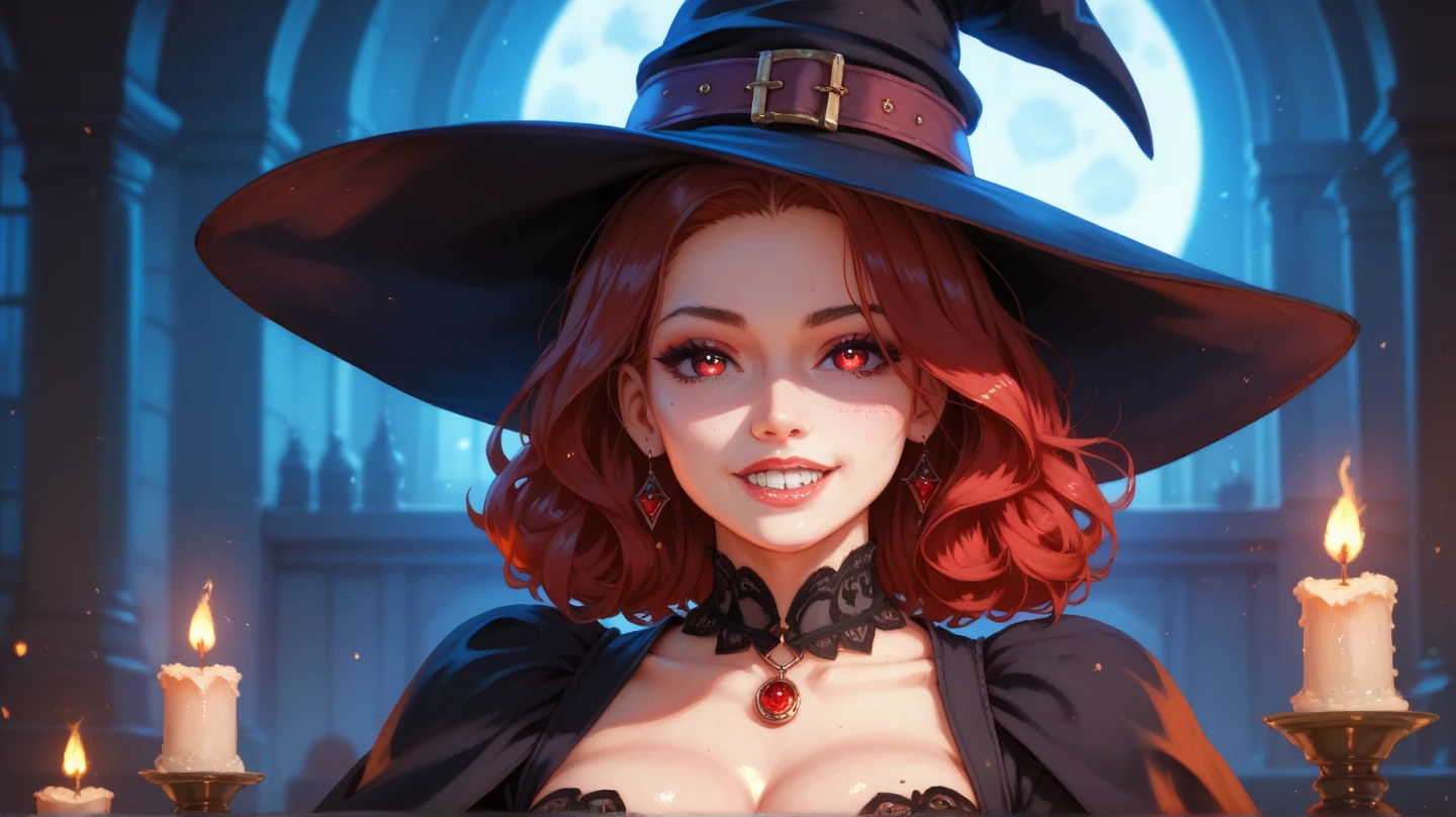 sunset dark castle, circled by fire, witch, perfect face, red hair, big , red underwear sexy, thight fit, pretty smile, red lipstick, cleavage