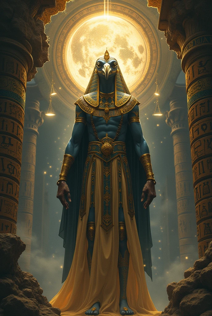 Create an evocative description of Osiris, the ancient Egyptian god, as he stands tall amidst the celestial realm, adorned in regal attire, with his skin reflecting the deep hues of the Nile, and a solemn gaze that holds the wisdom of the ages, full HD, ultra detail