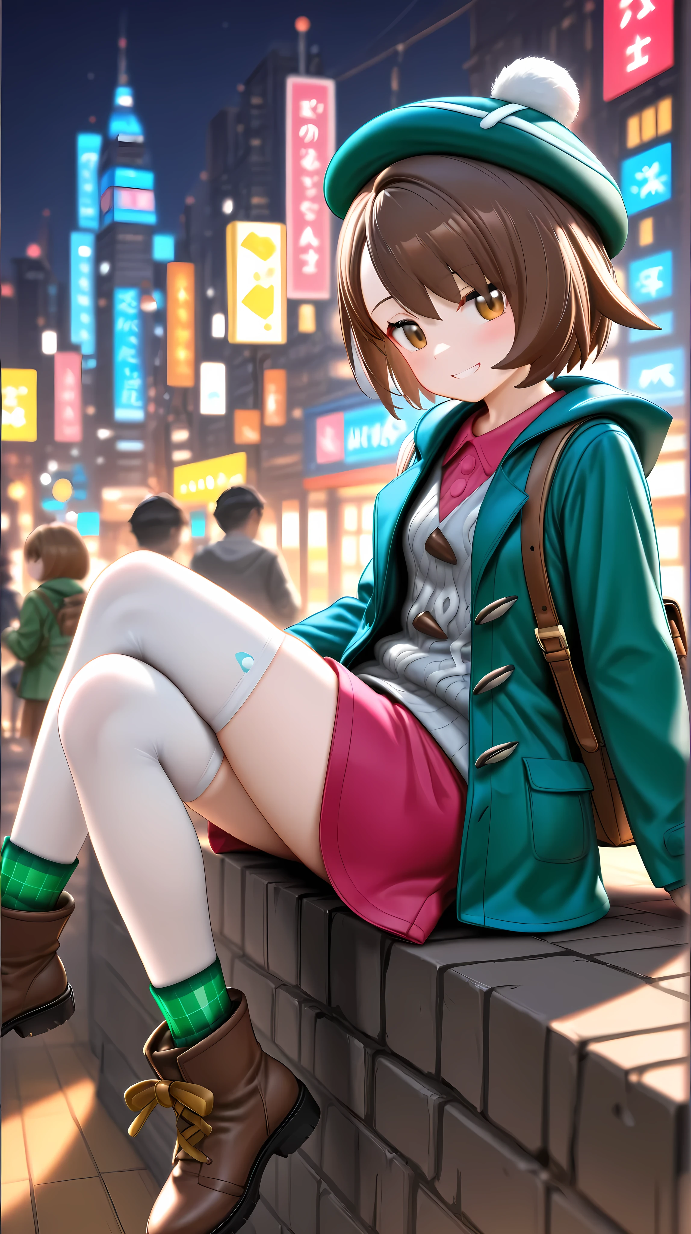 solo, 1girl, dynamic pose
BREAK gloria \(pokemon\), anime style
BREAK short brown hair, bob cut, bangs, hair over eyes, beret, green beret, gray hoodie, green coat, brown skirt, white thighhighs, brown boots, backpack, knitted sweater, buttoned coat, small breasts, seductive smile, naughty face
BREAK dramatic angle
BREAK outdoor, (night:1.1)
BREAK (masterpiece, super fine illustration, highly detailed), best quality, expressive eyes, perfect face, perfect body, newest, (saitou naoki:1.0), (healthyman:0.8), (atte nanakusa:0.8), (agwing86:0.8), (kani biimu:0.7), (neku oneneko:0.65), (hanenashi:0.65), (sincos:0.65), (ie \(raarami\):0.65), (as109:0.6), (egami:0.6), (aki99:0.6)
