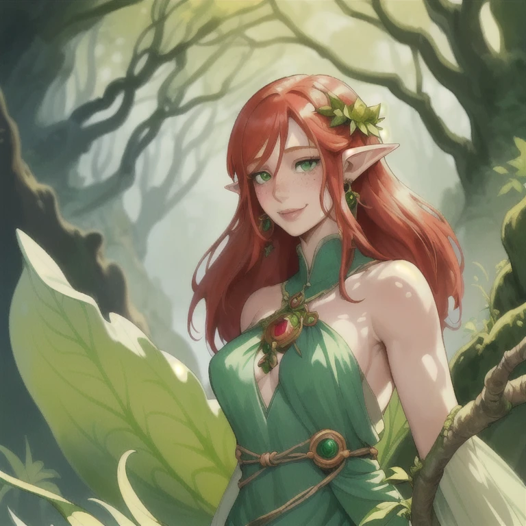 image of a girl with red hair and green dress, green skin, humanoid flora, plant monster, alien flora, elf girl wearing an flower suit, a plant monster, poison ivy, flower queen, chibi, lamia, character art of maple story, monster girl, tatsumaki, alien plant, a humanoid thistle monster, alien princess
