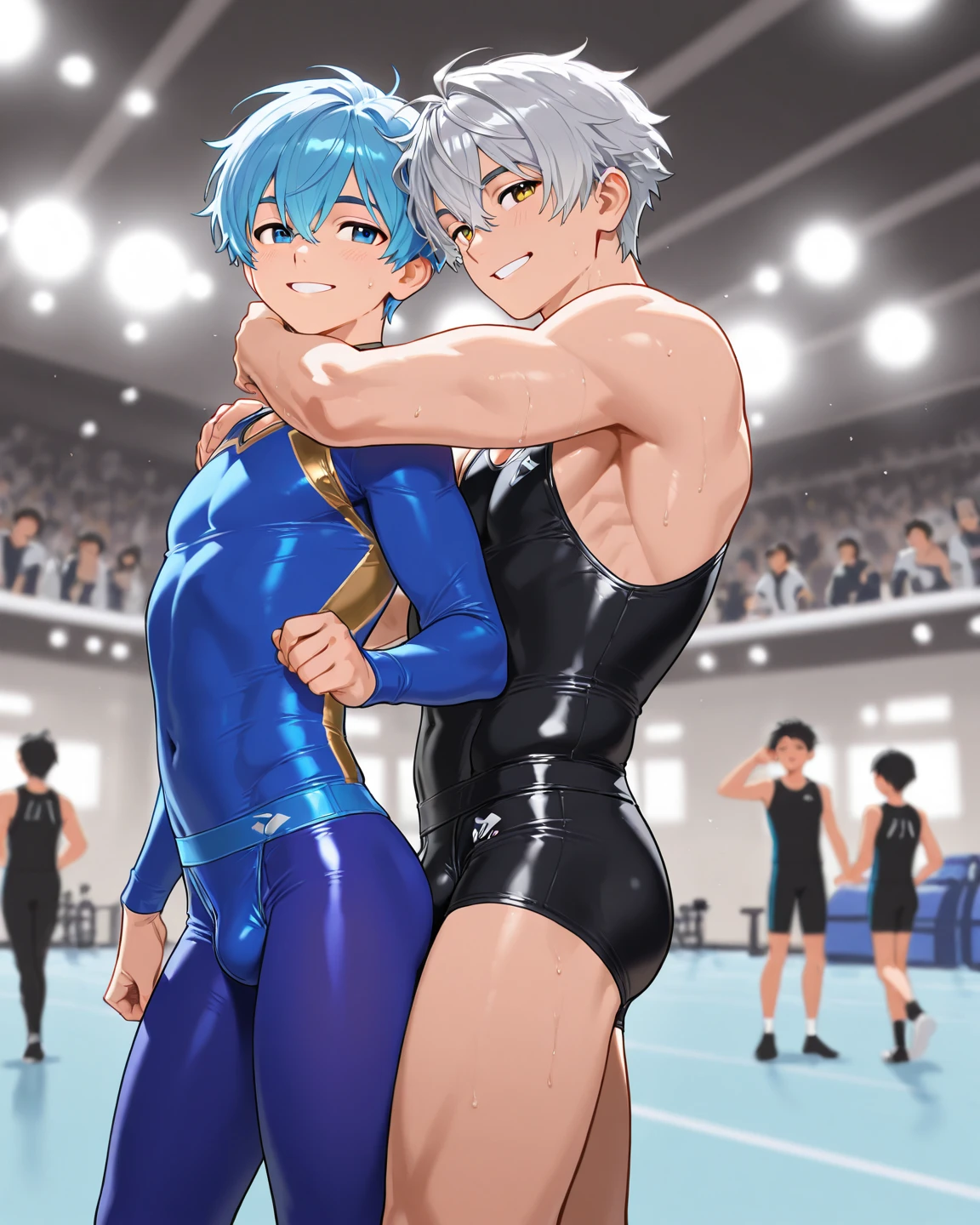 (((masterpiece))),(((best quality))),(ultra-detailed,high resolution:1.2),(illustration),((an extremely delicate and beautiful)),(detailed background),  ((standing)), ((face to face, hug, sex)), toes, vaginal penis, (((wrestling ring)))), ((1shota boy)and(1petit girl)), ((((hetero)))), (1shota boy,short stature:1.4), ((((shota boy is 7ars old)))), small penis, undercut, (((he has hair)))), he looks smug,((((1petit girl,short stature)))), girl is 10(slender body:1.4), (medium hair, bun_head),straight hair,sky blue hair,sky blue eyes ,((((flat chest)))), covered navel, collarbone, pale skin,shiny skin, ((She wears sky blue competition swimsuit)), (ahegao,rolling eyes:1.4), (trembling), (cum on clothes:1.4),cum on body,excessive cum,cum facial,bukkake,cum on hair,cum in pussy, clothing aside, clothed, text,