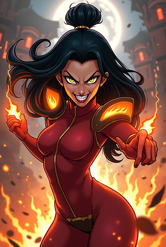 (((masterpiece))), (((best quality))), illustration, single character, game character, rpg character, female character, female devil dark acolyte. red skin, big back-swept horns. tall torso. skinny athletic girl. skimpy girl. indigo blue swimsuit with golden details and lines. light red skin. exposed legs. leather bracers. huge open cleavage, big gem necklace. tiny breasts. small titties. wide hips. up turned hips. wavy long hair. flowing black hair, yellow eyes, sexy face expression. laughing smile. black cloak. black hair. cosmic background, flat color background, anime character, 8k, awesome quality