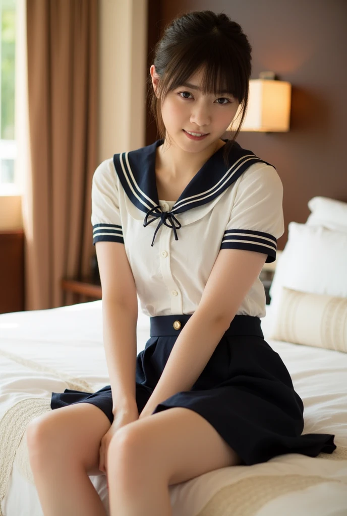 Adorable, 11 year old girl in Japan, (Sleeveless sailor suit:1), Sitting on a cushion, Curly medium hair, hair scrunchie, (Smile :1), (highlydetailed skin:1), (Best Quality:1.0), (超A high resolution:1.0) ,(photographrealistic:1), (ultra-detailliert:1.0), (8k RAW photo:1.1),Looking at Viewer,See-through