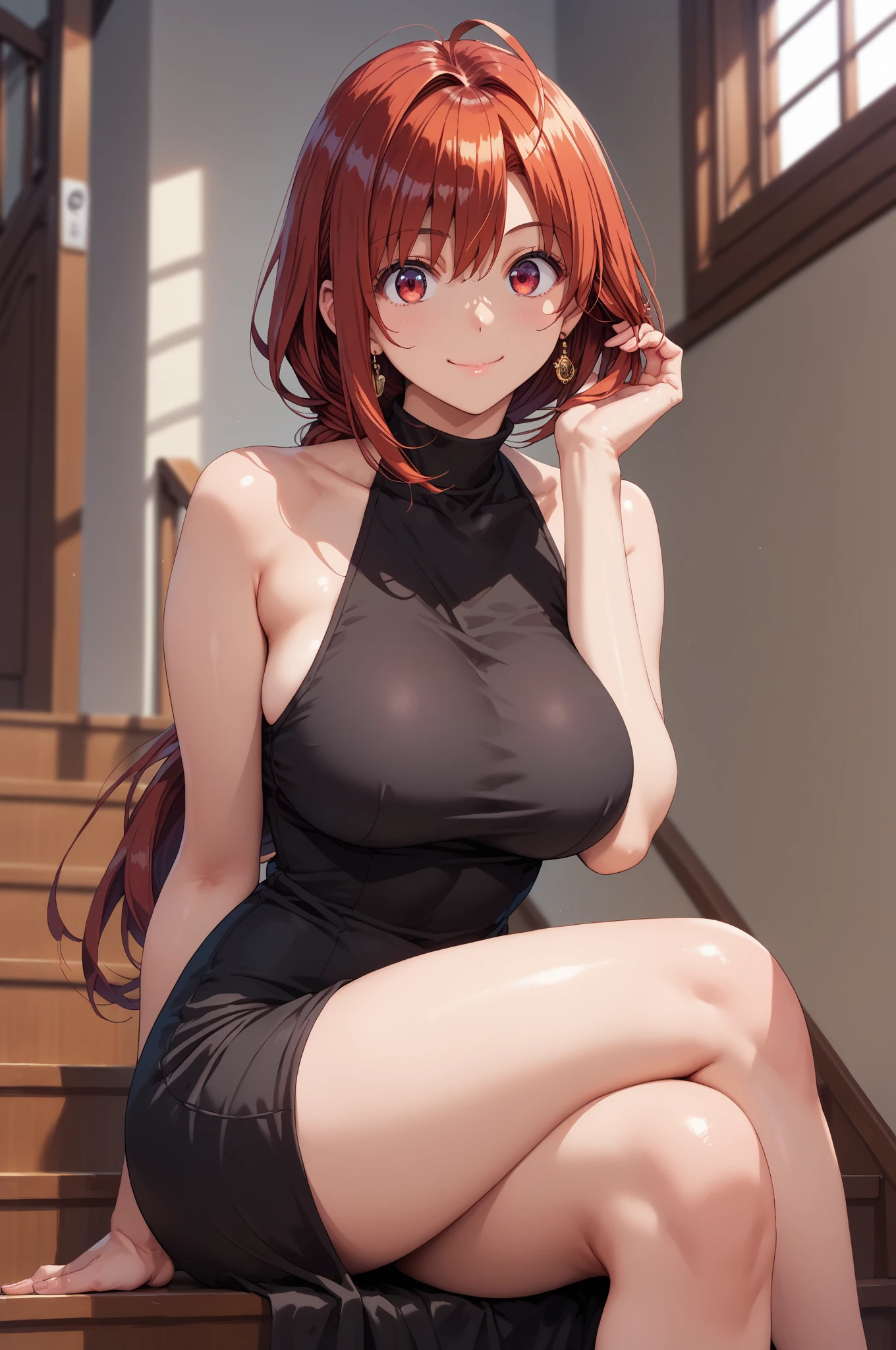 1_girl, solo, ore no imouto ga konna ni kawaii wake ga nai, 25-yers-old girl with crimson red hair- pulled up into twin ponytails, medium breasts, anime T-shirt, shorts, living room background,
