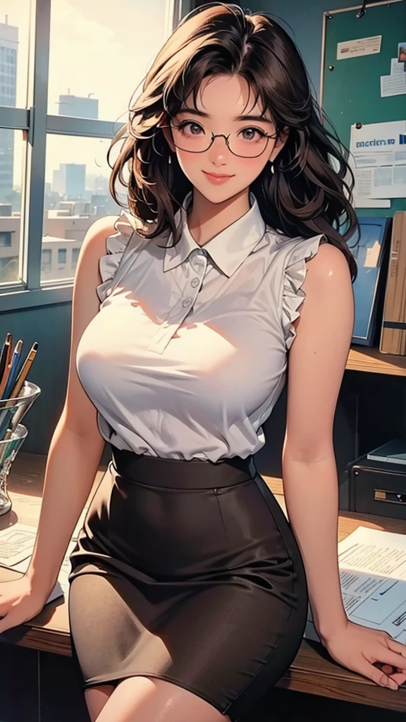 Mina, (detailed lighting, extremely detailed skin, extremely detailed hair, shadows, 8k), looking at viewer, (High Key Lighting), long black hair, fit figure, (smile) ,(blush), athletic model body, frontal shot, Professional Lighting, intricate, cinematic lighting, simple background, blouse, skirt, pantyhose
