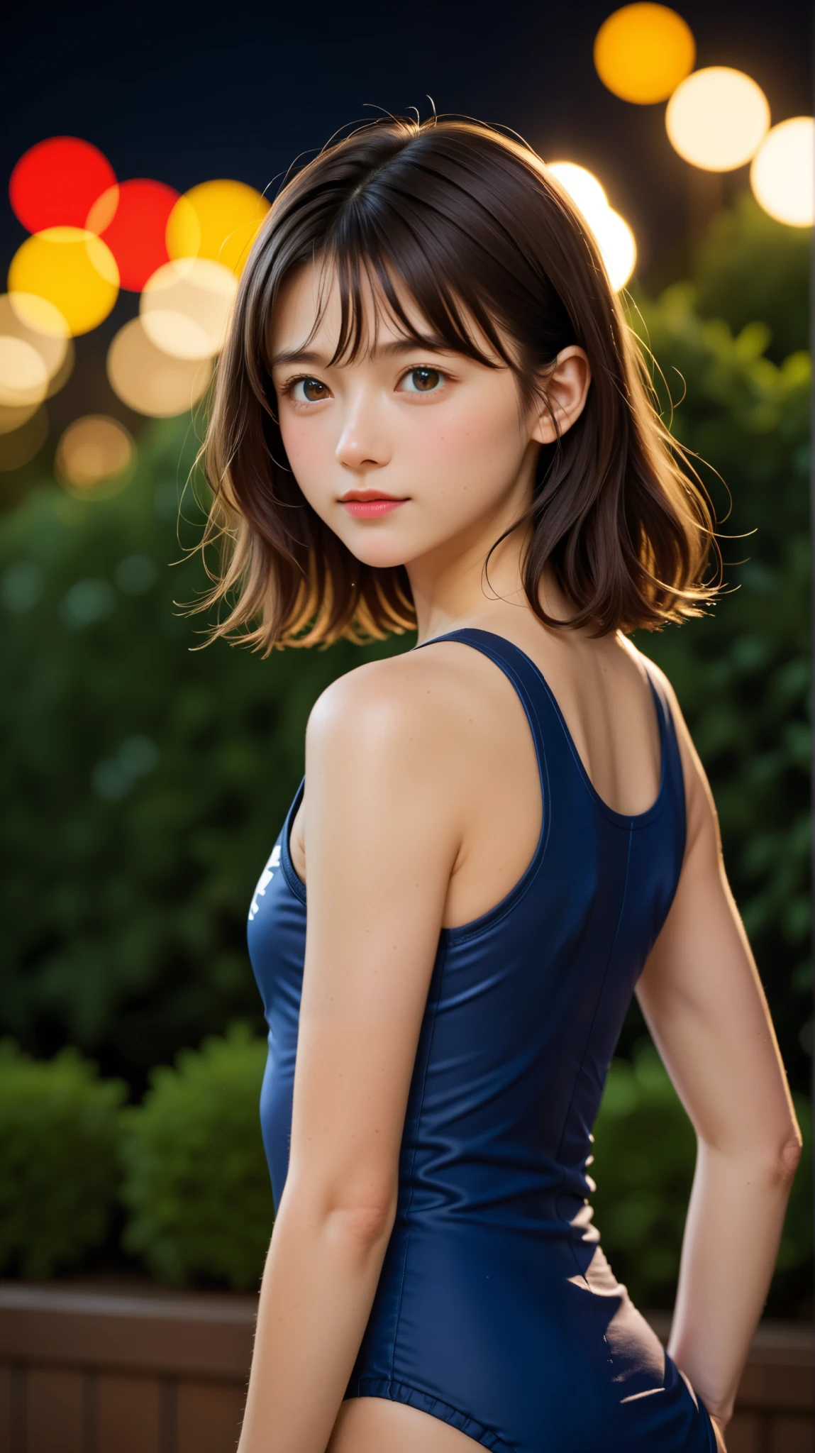 masterpiece, best quality, 8k, s, , of S, Award-winning portrait, Alone, night , neon, idol bending over, Biolacea, Gardenias, Delicate Girl, upper body, DSLR, viewers, , refined, Thin arms, professional lighting, FILM GRAIN, Color Difference, (detailed eyes and face:1.0), (Bokeh:1.1)、Girls' School Swimsuit)))、software:1.5)))、