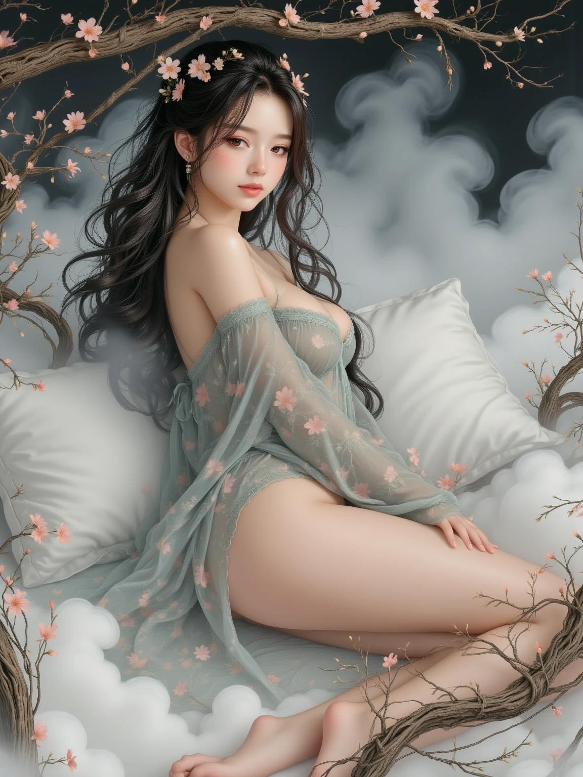 (masterpiece), best quality, expressive eyes, perfect face, Naked Summer, full tattoo, (masterpiece, top quality, best quality, official art, beautiful and aesthetic: 1.2), (1 flower), full body, extremely detailed , (Fractal art: 1.3), colorful, more detailed, "Best quality", "Masterpiece, Sakimichan style art, slight smile, open legs, pubic hair view, 1 sexy girl in transparent forest clothing, small breasts exposed, t-shirt open transparent, Mandala and flower tattoos, Best Quality, black hair fused with platinum and gold, naked girl, beautiful visible pubic area, pink weights, small breasts in sight, water pond in the garden, mandala and flower tattoos naked body, floating old clock, lamp, lantern, skin wet with water, bed floating in a pond, beautiful girl lying in bed, fantasy, view from above, open legs, beautiful goddess of fire (floating on orange clouds burning); perfect hair, perfect full lips, delicate and perfect body, digital painting, intricately detailed eyes, colorful, ink painting, beautiful watercolor, realistic, detailed, fine art, oil painting, finely drawn hands; By Artgerm, by Alphonse Mucha, author: pigsty by Ilya Kuvshinov, paintings by Olga Shvasur, Svetlana Novykova, beautiful goddess lying on a bed in a pond, bed floating in a pond, transparent silk clothing, long hair merged in the water of a pond, lamp, floating antique clock, lantern, golden eyes, illuminated face, full body, view from above, girl lying in bed, bed floats in the pond, view from above, wlop art, no braziel, no panties,