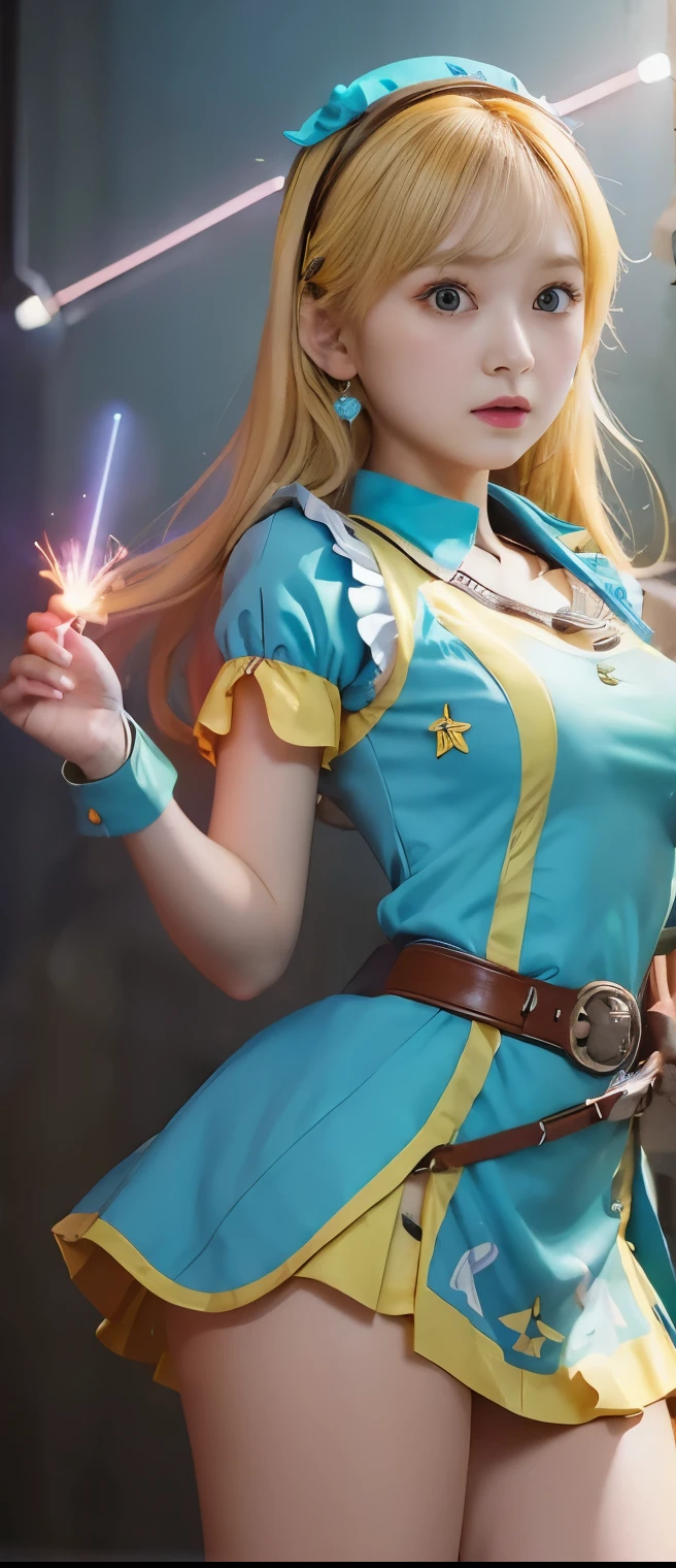 pure idol girl、A pure girl's face、 hypo、blue and pastel yellow steampunk mini dress、Spark belt 、Glowing Sticks