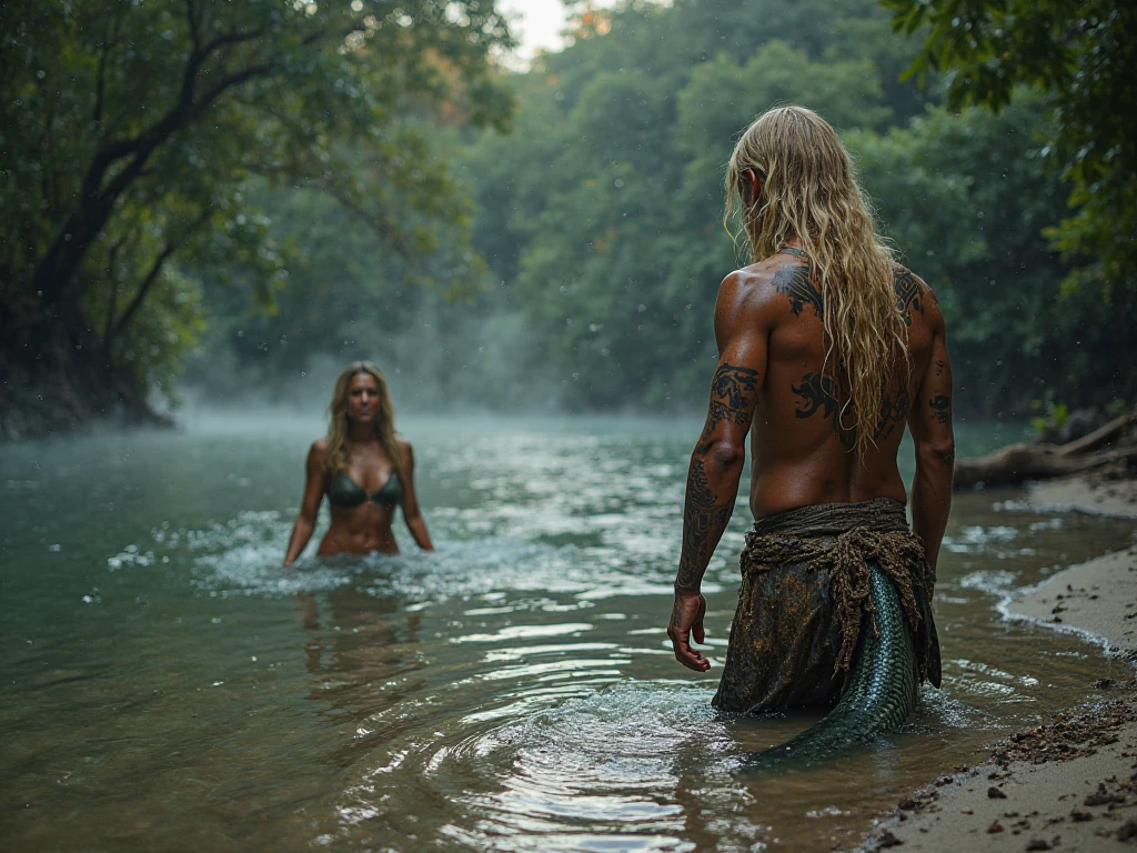 A full body of a highly realistic panoramic sunlight image of Tarzan kissing passionately the blonde Jane, Both are half-naked and dressed in a short loincloth of a primeval man, both standing dripping with water in the crashing rain water. In the majestic kingdom of Egypt, with towering palaces, bustling markets, and lush landscapes. Both kiss each other pasionally. HD photography, ultra-realistic, King Tut, 4k, hyper-realistic, sharp texture, color. Her face with glistening water droplets is illuminated by the sun. She stands upright in the running water of the river, a perfect face model, Arabella mist-splitter, perfect face), beautiful lips:5 stylish, beautiful female face, attractive female face!!!, beautiful feminine face, beautiful makeup, perfect face! all wet on a rainy night, scared look, eerie, creepy, dark ambient, cinematic lights, ultra sharp focus, bird's eye view, high view, looking at the camera, raindrops.