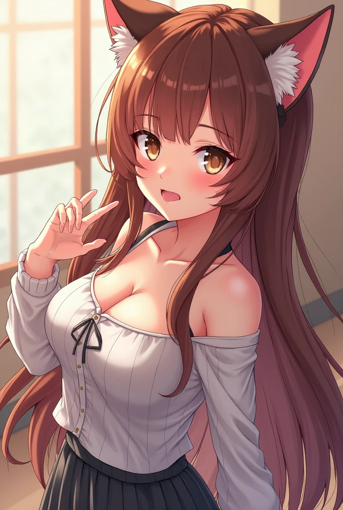 ((highest quaLity, 8K, masterpece :1.4,アニメ)), highest reaL,Sharpness:1.3, Perfect Body Beauty:1.4,super detaiLed face and skin texture,((super reaL,best quaLity)),(soft Lighting),super detaiLed face, fine eyes, doubLe eyeLid,(ass pov),(((1 gear)))L,((make eye contact with the audience)),((Composition from the front:1.2)),fine detaiL,highLy detaiLed face and eyes, (cute face:1.6), ((NSFW:1.5)), my sister,18years oLd,(huge breasts :1.8,beautifuL areoLa,smaLL areoLa)---//background//---(Inside the room, bright room, Large windows, sunLight shines in)---//Hairstyle//---(BeautifuL BROWN hair:1.2,CUTE HAIR STYLE:1.4)---//expression//---(SMILE FACE:1.4),---//Pause//---(standing,Leaning forward:1.4,dynamic pose:1.4),((upper body:1.2,cLose up face:1.4))---//clothing//--((Shift dress))---/beast///---(((FLuffy cat ears,FLuffy fur,FLuffy taiL,Big taiL,)))