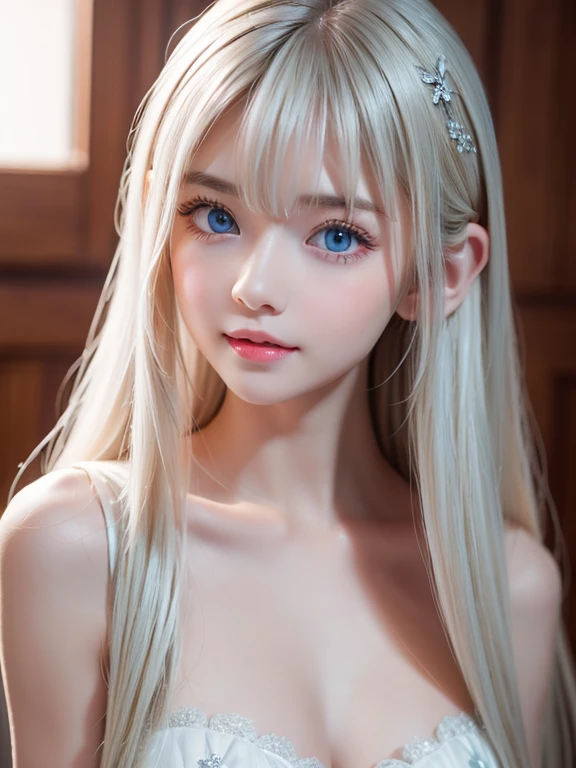 Platinum blonde fine hair、Extra long silky straight hair、Big eyes with bangs and eyeliner、Transparent white wet pajamas、Nordic youth、perfect body figure、Very beautiful and lovely、White muscle、Glossy glossy skin、Young and beautiful skin、Perfect and beautiful little face、Shine makeup、Thin pink lip gloss expression、girl、lipsticks、Deceptive advertising、{steamy}、Audience view、Primetime lights、Bokeh atmosphere perspective、Detailed film light、Complicated details、A high resolution、 Detailed features of the facial design、high detal、Clear focus、Smoothness、aesthetics、print、octanerender、{{masterpiece}}