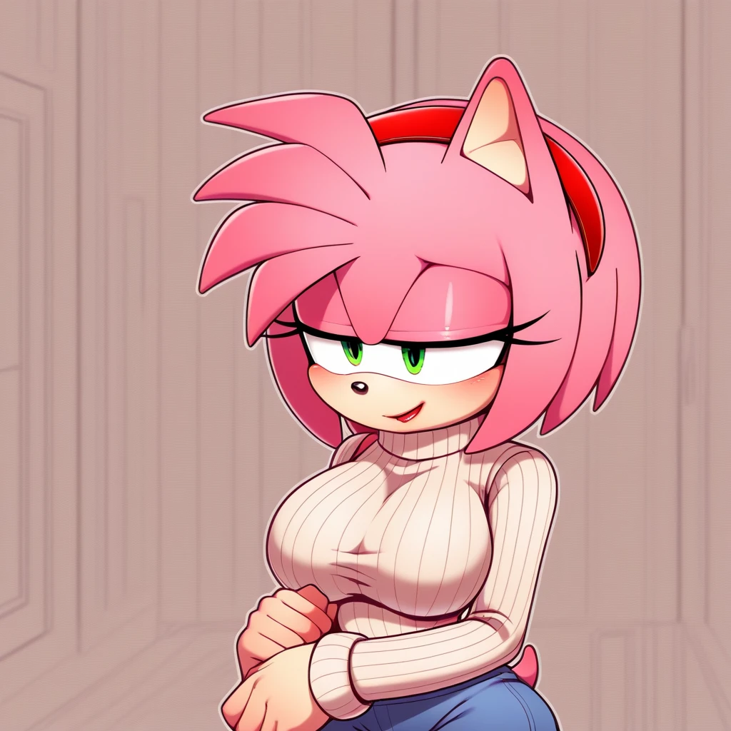 Female Hedgehog, Amy Rose, (1girl), (solo), hair down, long wavy hair/quills, large breasts, eyelashes, cute smile, house, sweater, pencil skirt, milf, mother-like age, daytime, mobian, mobius city