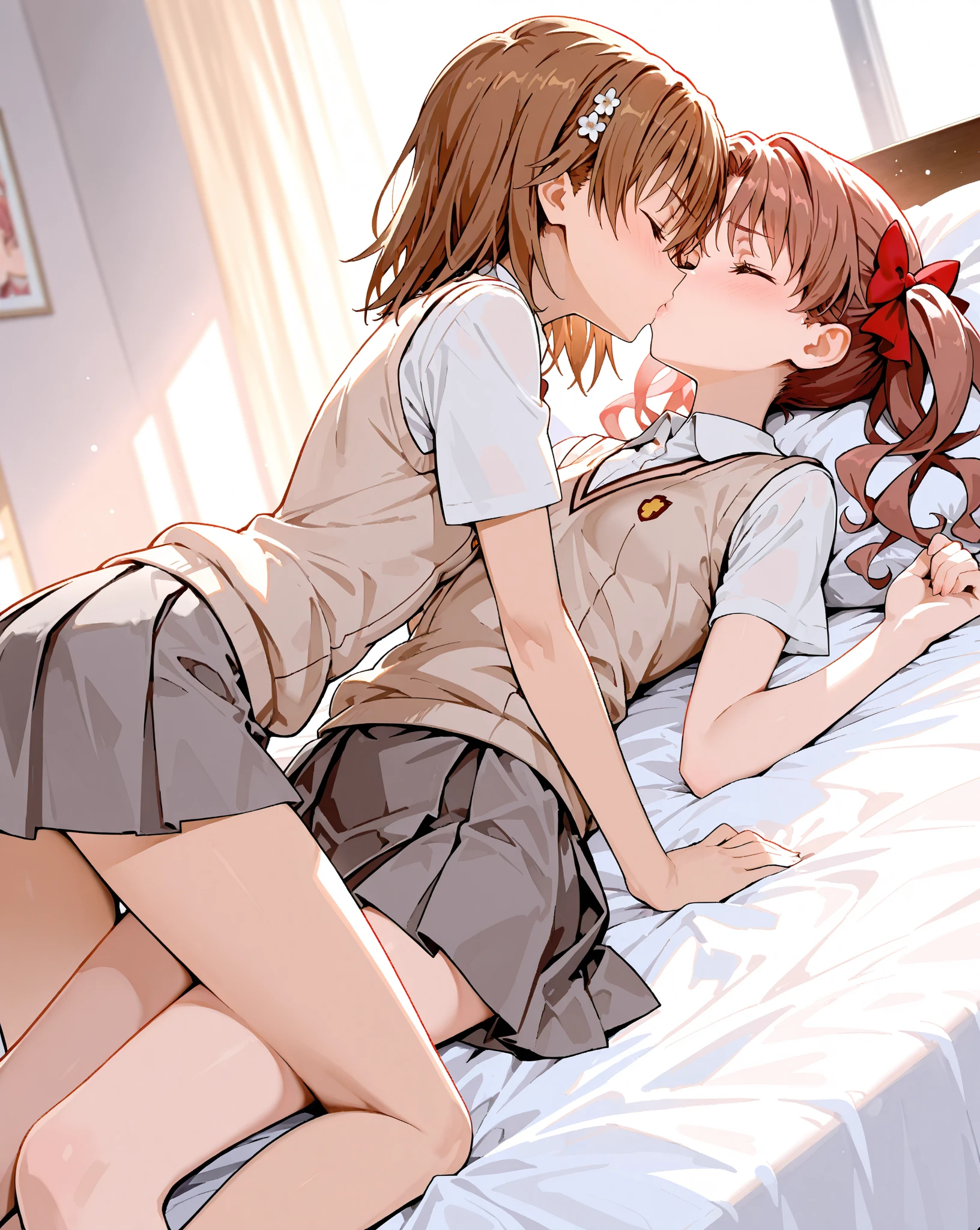 1girl, (suminoe_ako:1.3), solo, blush, closed mouth, white shirt, (red necktie:1.0), bedroom, (on bed:1.35), lying down, arched back, (brown:1.0), short sleeves, (futa:1.4), penis, 