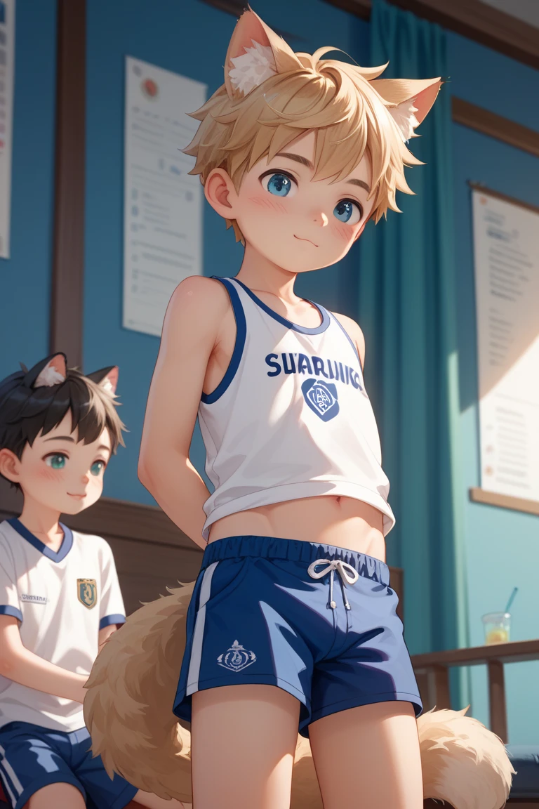 A six-year-old boy stands barefoot on the grass,White top,blue short pants,Smile awkwardly,Cat ears。A high resolution,best qualtiy,tmasterpiece,Japan 2D,color comic,Fresh and lovely,and the sun was shining brightly。 --auto