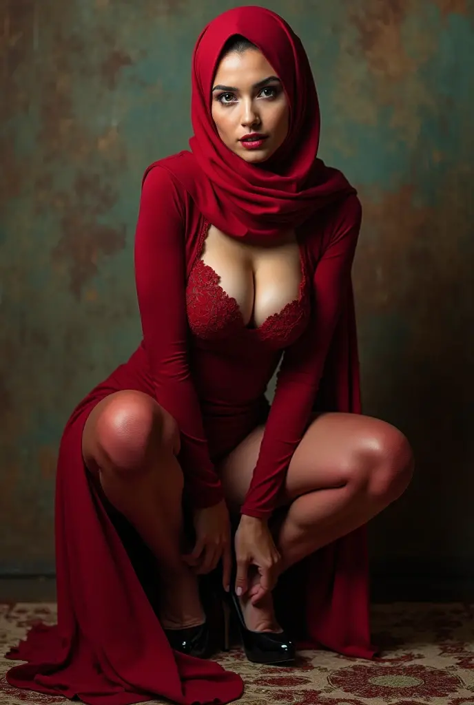 Hijab aunt with sexy body, beautiful big breasts, sitting squatting, wearing fullgar high heels