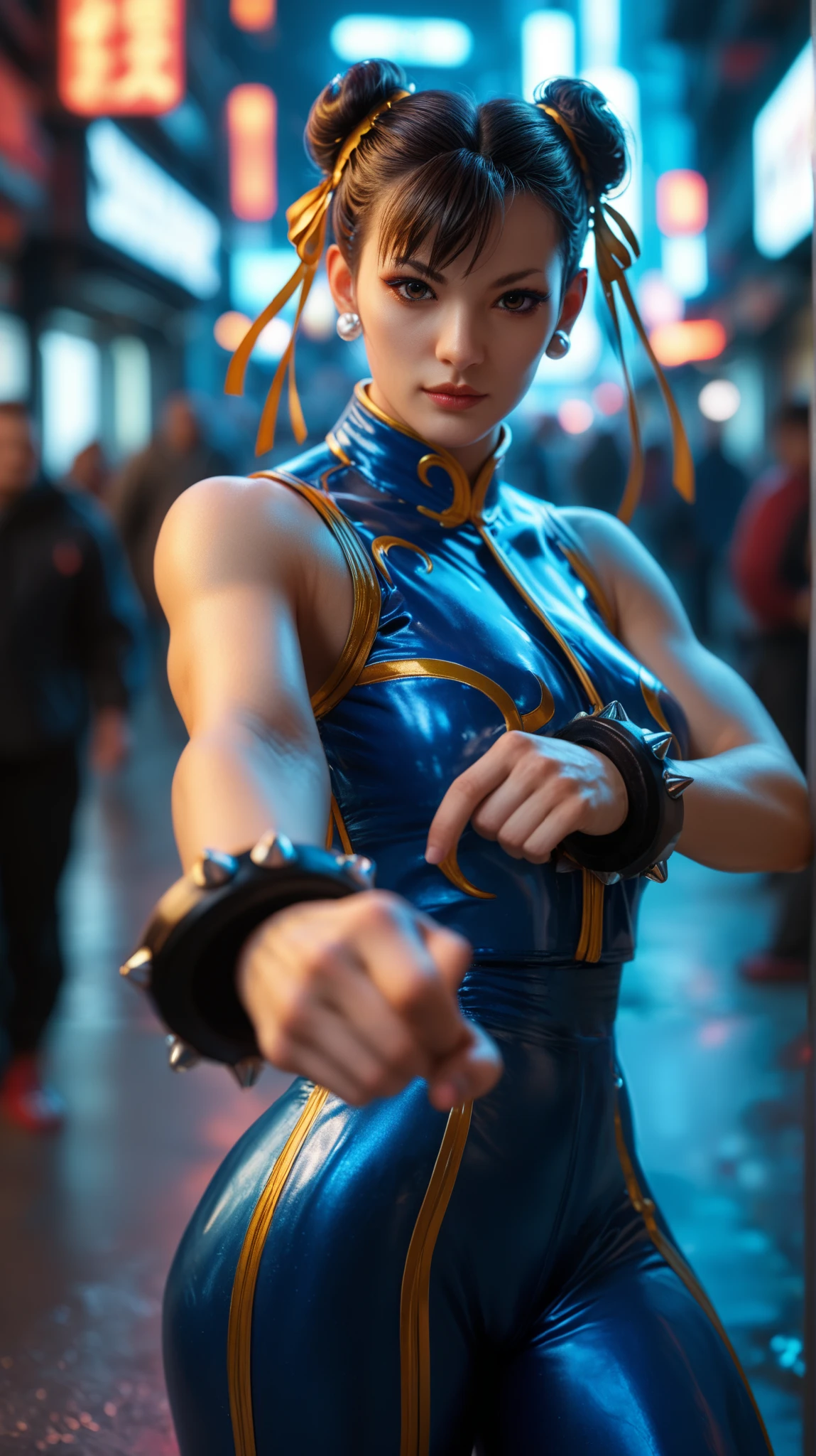 Chun li, Cyberpunk armor, dark legging, a hyper realistic and ultra detailed photo of a pretty, elegant, ultra realistic, gorgeous girl, perfect eyes, portrait, looking at viewer, standing, dark cyberpunk city background, kung fu pose,
