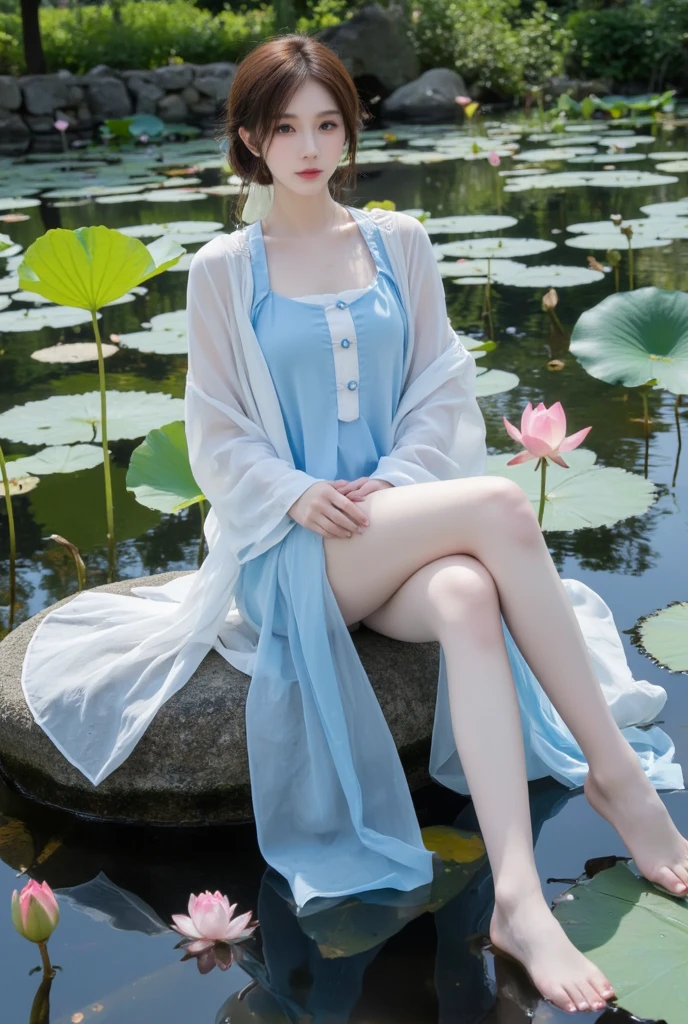 ((4k,masterpiece,best quality)), shuimobysim, traditional chinese ink painting, lotus, hanfu, maxiskit, dress conservatively 1girl, solo, long blue hair, smile, standing, feet in the water, barefoot,