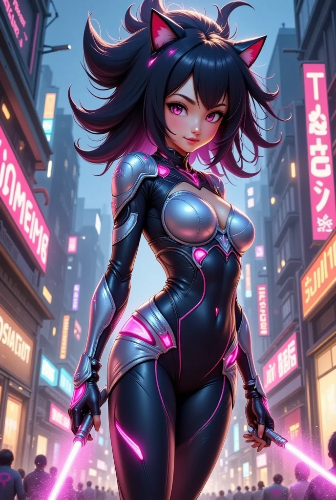 Inoue Takina,body stocking,Enchantment,Evil Smile,Black short hair,Purple Eye,Medium chest,Red eyeliner,Navel,Beautiful curves,crotch tattoo,Cyberpunk Street