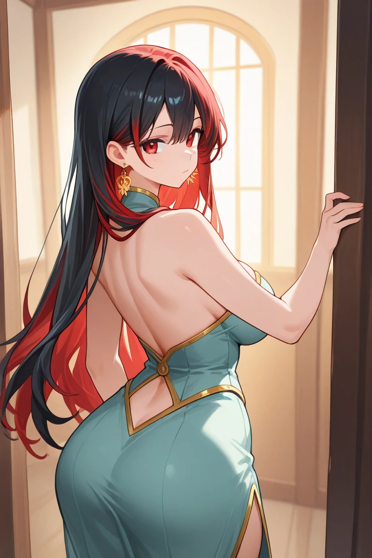 masterpiece, best quality, hyper detailed, good anatomy, perfect anatomy,long hair, big breasts, Expectant smile,black hair,beautiful face, blush,beautiful eyes,18years old,,perfect hands, perfect fingers,
from front, cowboy shot,(tanned skin),(red dress, chinese_cloths) ,(looking at viewer), (standing),(indoors),(arms behind back),(China Cheongsam),arched back,
