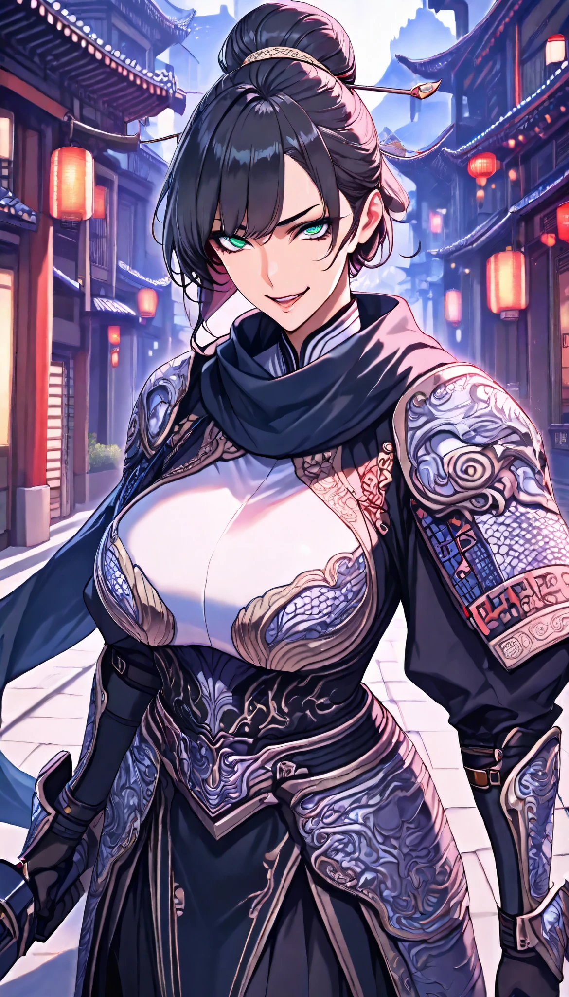 SOLO, A Green eyes Female,Perfect body,Oppai, (Chinese short hair,black Hair,hair bun),Black scarf, Wearing A Black Chinese Tight Armor(Armored Blade), On the street,Chinese Classic town, torogao, Evil smile,UHD, anatomically correct, masterpiece, textured skin, high details, highres, 1080P, 16k, accurate, Beautiful face, Perfect face, Highly detailed beautiful face and eyes, Attractive face, Detailed face, Delicate facial features, Detailed skin,Cowboy shot,Look at the viewer,(((hbig bosom)))