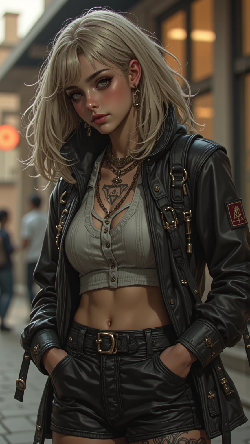 (masterpiece), best quality, expressive eyes, perfect face(masterpiece), best quality, expressive eyes, perfect face, a woman, 25 age,  80s style, short white hair, bronze skin, large breasts, black long leather coat, amber eyes, aviator glasses, shirtless, micro bokini, harnes, black gloves, black headband, chest tattoo