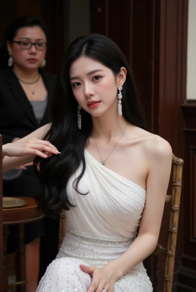 White beautiful goddess sitting on white crystal throne, blue eyes, white long wavy hair, wearing white crystal crown, wearing a beautiful white full dress, inside a magnificent palace made of white stone, chromatic aberration.