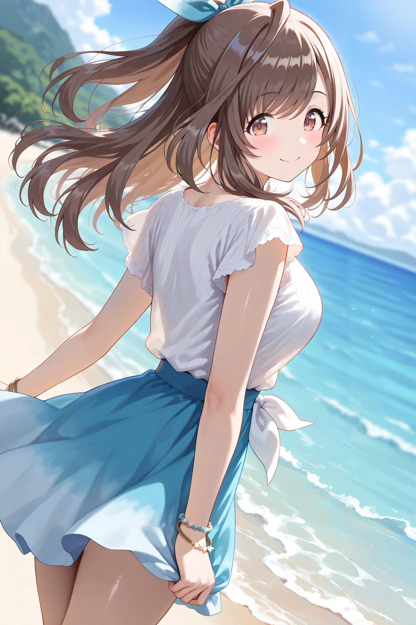 (Masterpiece:1.2), (Highest quality:1.1),
(Very detailed), (The best shape), (Best shadow), (Absurd), (Detailed Background), (So beautiful),
Shiny, Beautiful eyes in every detail, Extraordinary, Countershading, 8k, 32K, High resolution,
Very Detailed CG ,
Score_9, Score_8_up, Score_7_up, Source_anime,
(Pastel painting:1.2), (Watercolor painting:1.2),
(Masterpiece, Detailed:1.2), (Foreshortening:1.2),
Cinematic, Dramatic, (Depth of field:1.4),
(Blurry background:1.4), (Realistic background:1.4),
1 girl, Solo, Dynamic angle,
Outdoors, (Coast:1.2), Beach, Wind, (Blue sky:0.8),
Tsukioka Kogane,
the idolmaster shiny colors,
(Brown eyes:1.3), (Brown hair:1.1), Ponytail,
Hair ribbon, Light blue hair ribbon,
(Casual wear:1.3),
(Linen color shirt:1.4), Ruffled cuffs, (Shirt hem:1.2),
(Shirt with tied ends:1.3),
Skirt, Blue skirt, (Gradient skirt:0.8),
Bracelet, Wear a bracelet on her right hand,
(Blush:1.3),
Cowboy shot,
look back,
(Belly button:0.5),
Happy, Smile,
Focus on face,
Realistic skin,
Shiny skin,