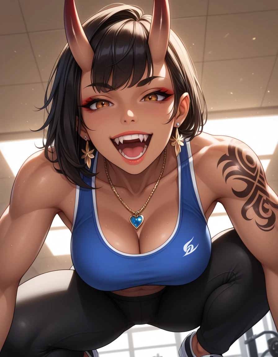 MarArtistA,black hair,side bang, red eyes,hair behind ears, low hair bun, hair band,sports bra,cleavage,smile,sweat,,maturefemale,(emotionless:0), hands down along her body, smile , background is park road, background ispark road with trees ,(breasts out:0),(nipples:0),detailed eyes, gymlegging