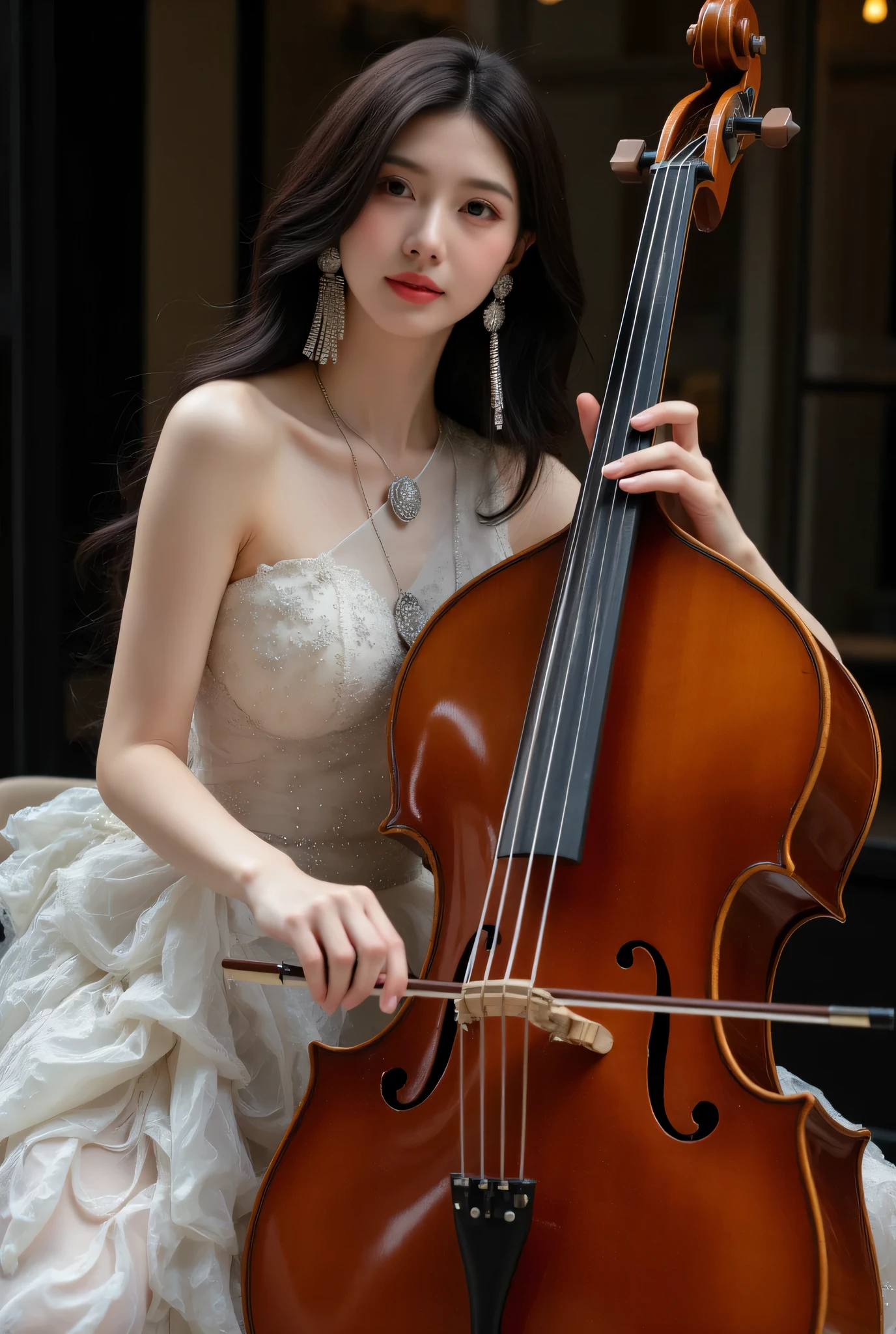 (Super detailed body, Super detailed face, Best quality: 1.2), Beautiful Korean female model upper body, looking at viewer, solo (wearing tight white luxury custom made multi-ruffled one-shoulder sequined evening gown,), multi-layered diamond earrings, necklace, sitting on a chair playing double bass, music evening stage, perfect cinematic light, large depth of field, large light spot