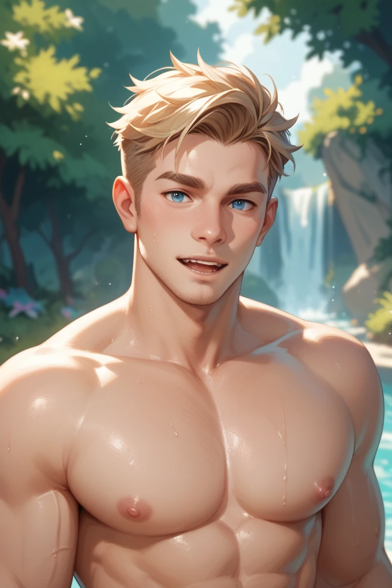 (HUMAN) a taking a bath in a river in a forest, military haircut, white hair, blue Eyes, tan skin trending on bbwchan, meditating pose, up close shot shinji aramaki, inspired by Abdullah Gërguri, perfect muscle structure, unreal rendered, made of rubber, pictured from the shoulders up, doomy, drool, very muscular with broad shoulders, prominent pectorals and very marked abs, bodybuilder body, huge chest, huge pecs. Mexican ethnicity. muscular gigachad benediction, the ultimate gigachad. Young man, yung face. Teennis, Erect penis, Testicles.