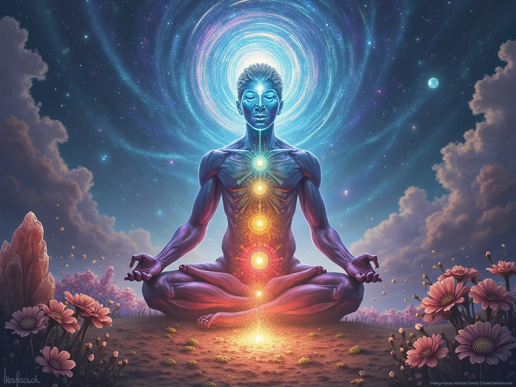 Crie uma imagem no estilo xilogravura quantum art arte digital arte surreal que retrate uma figura mística que foi escolhida pelos deuses,chosen one, with divine characteristics, a figura e um chosen one pelos deuses da espiritualidade,the figure is shrouded in clouds looking at the planets and ancestral signs,quantum art,the figure may be meditating,or praying, Use a vibrant color palette, to create heavenly contrast and a stunning visual effectincluindo azuis, oranges and whites, to create heavenly contrast and a stunning visual effect