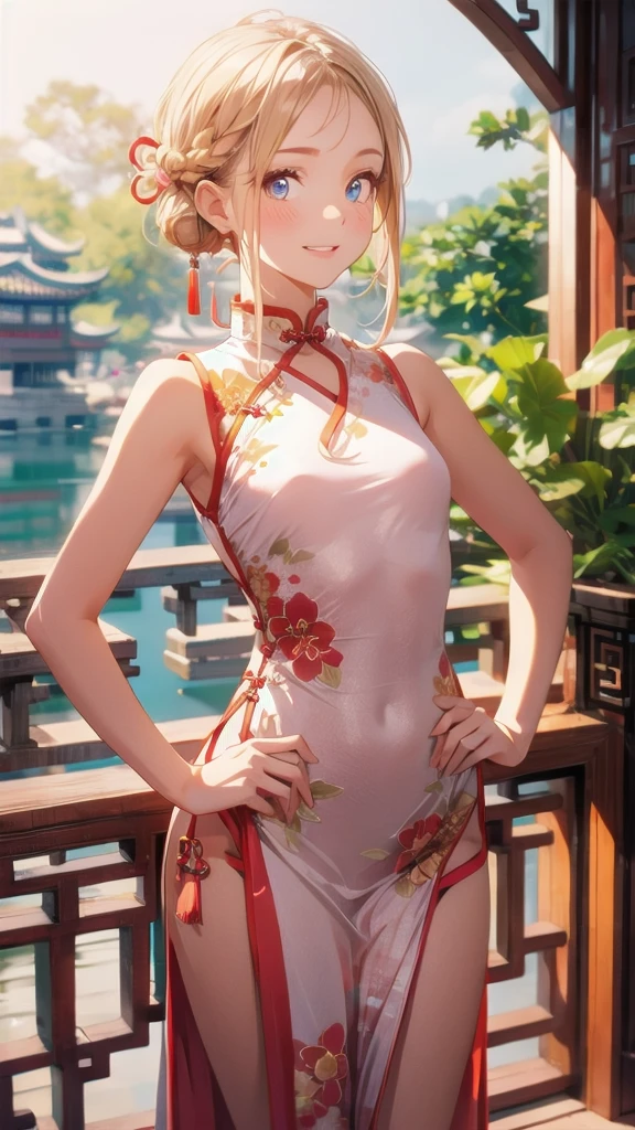 A girl, blonde woman, beatiful face, in full height, Chinese dress, Short dress