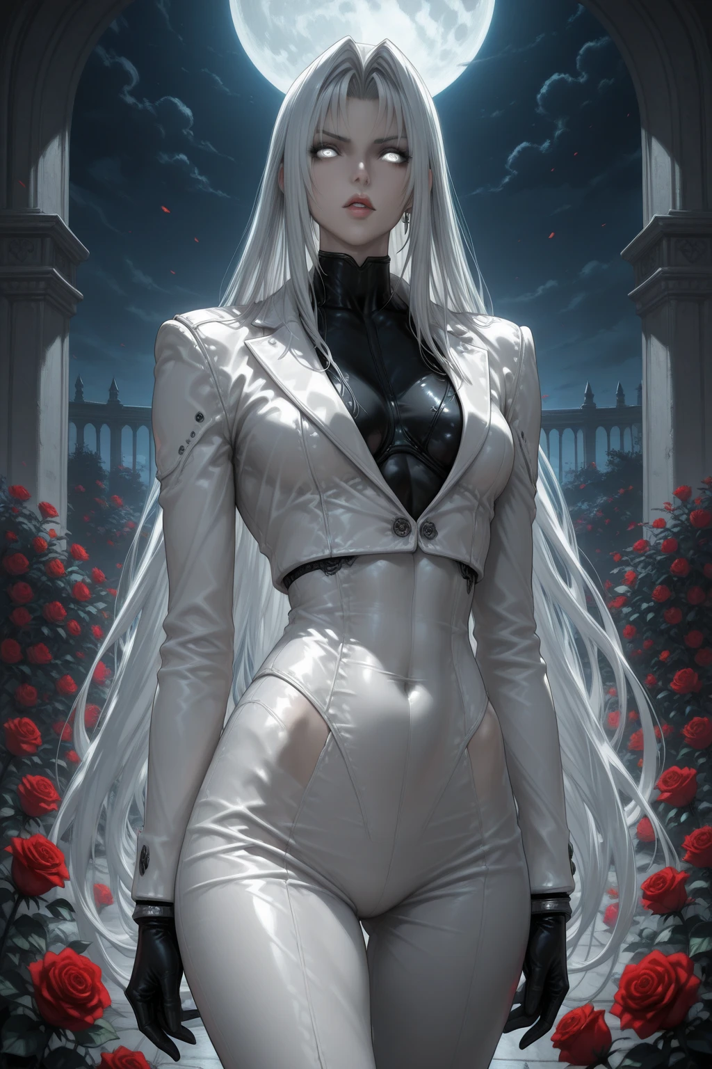 masterpiece, highest quality, (Alone focus), (perfect face:1.1), (High detail:1.1), (hyper detailed eyes), dramatic, A man with pale skin and long, thick white hair, white eyes, Alone, long hair, Sephiroth, moon, night, Luxury white suit, covered navel, Full lips, fur, arrogant expression, rose garden, detailed history, art by artgerm, cinematic lighting, roses, fashion, Balenciaga style