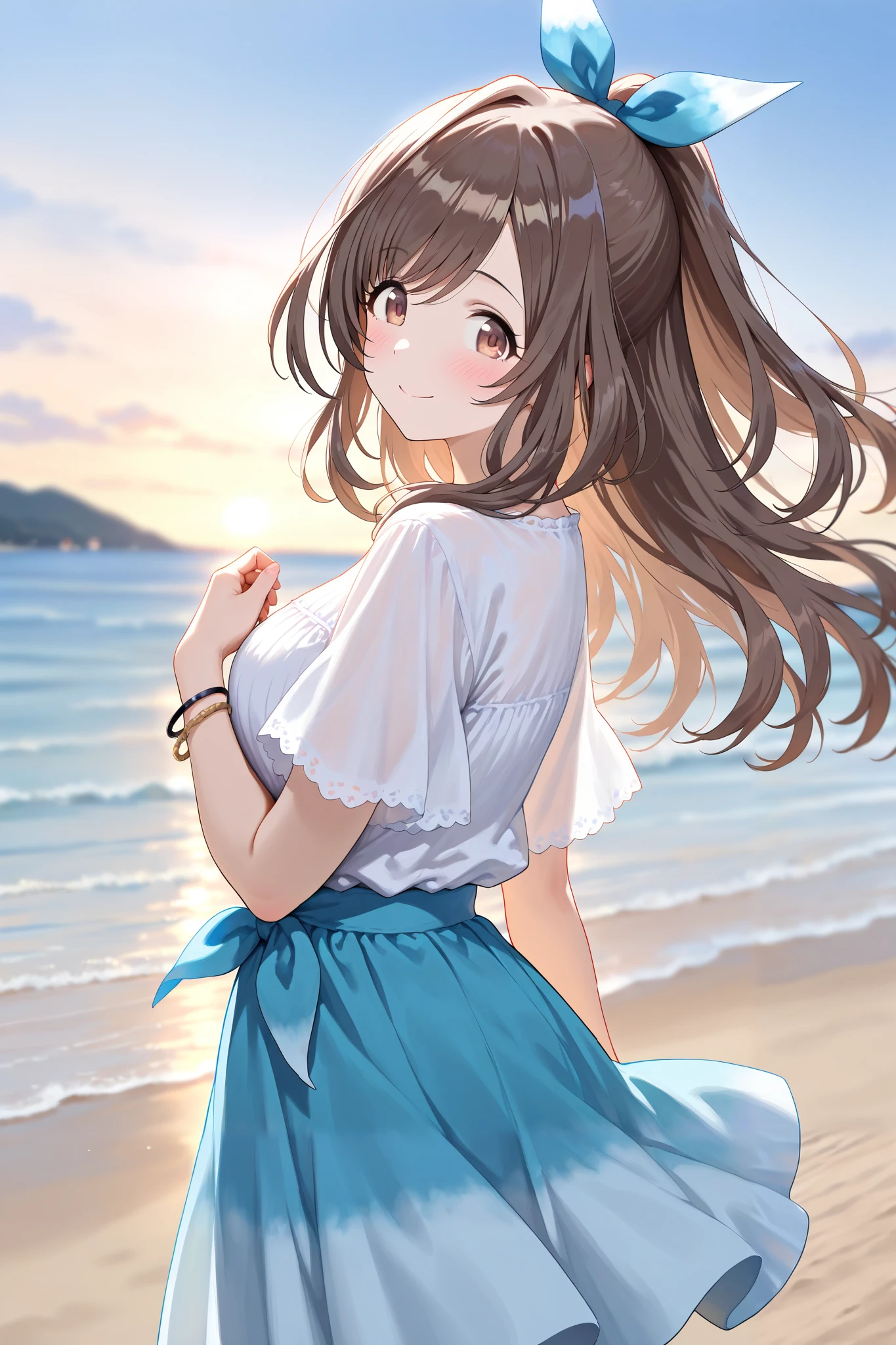 (Masterpiece:1.2), (Highest quality:1.1),
(Very detailed), (The best shape), (Best shadow), (Absurd), (Detailed Background), (So beautiful),
Shiny, Beautiful eyes in every detail, Extraordinary, Countershading, 8k, 32K, High resolution,
Very Detailed CG ,
Score_9, Score_8_up, Score_7_up, Source_anime,
(Pastel painting:1.2), (Watercolor painting:1.2),
(Masterpiece, Detailed:1.2), (Foreshortening:1.2),
Cinematic, Dramatic, (Depth of field:1.4),
(Blurry background:1.4), (Realistic background:1.4),
1 girl, Solo, Dynamic angle,
Outdoors, (Coast:1.2), Beach, Wind, (Blue sky:0.8),
Tsukioka Kogane,
the idolmaster shiny colors,
(Brown eyes:1.3), (Brown hair:1.1), Ponytail,
Hair ribbon, Light blue hair ribbon,
(Casual wear:1.3),
(Linen color shirt:1.4), Ruffled cuffs, (Shirt hem:1.2),
(Shirt with tied ends:1.3),
Skirt, Blue skirt, (Gradient skirt:0.8),
Bracelet, Wear a bracelet on her right hand,
(Blush:1.3),
Cowboy shot,
look back,
(Belly button:0.5),
Happy, Smile,
Focus on face,
Realistic skin,
Shiny skin,