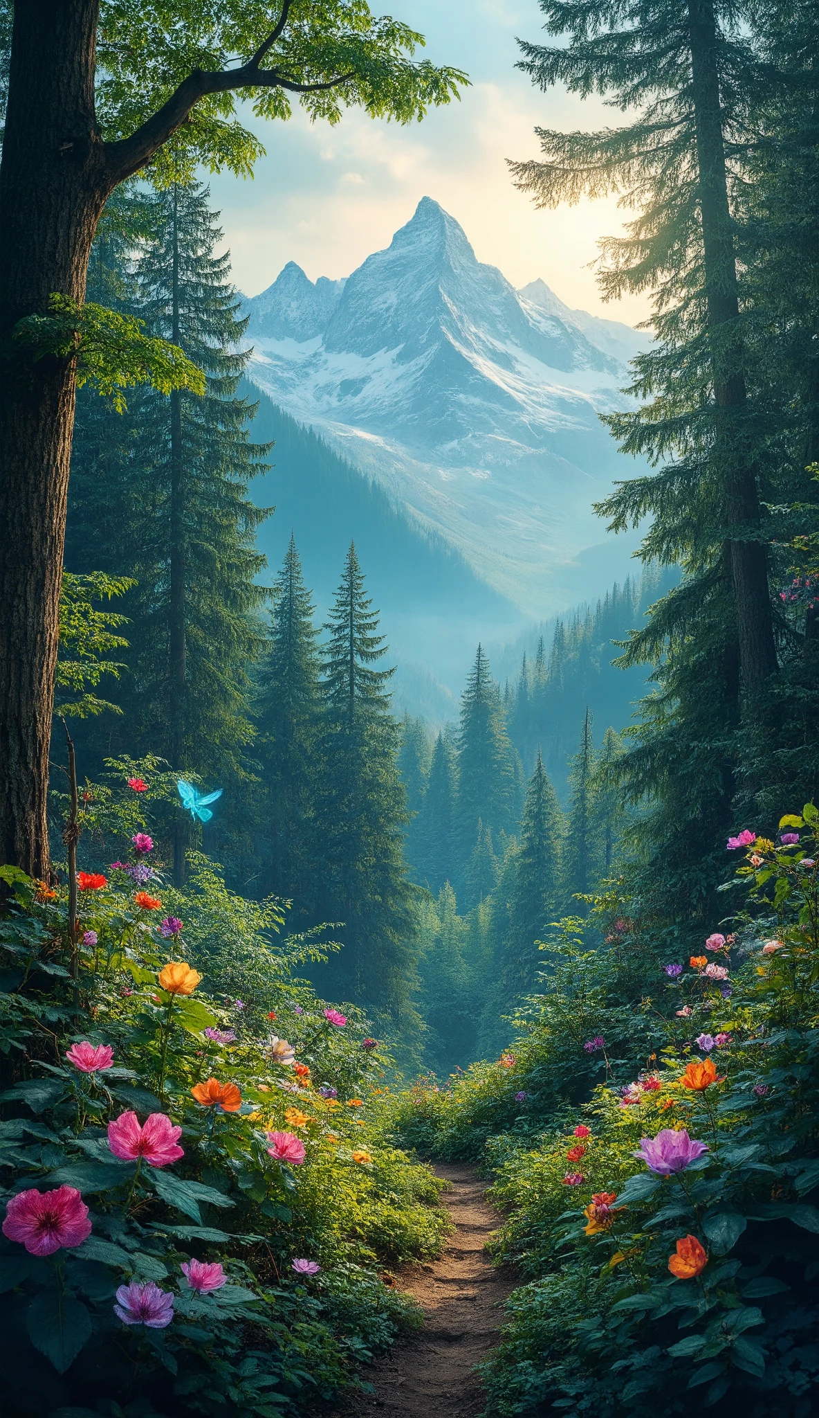 highdefinition images 、Mysterious forest landscape image、 Seven colored flowers and trees 々、 Mysterious forest with magical beings hidden in branches 8k A forest believed to be home to high quality seven-colored flower fairies 、Soft morning sun shines through the snowy mountains of the Alps。