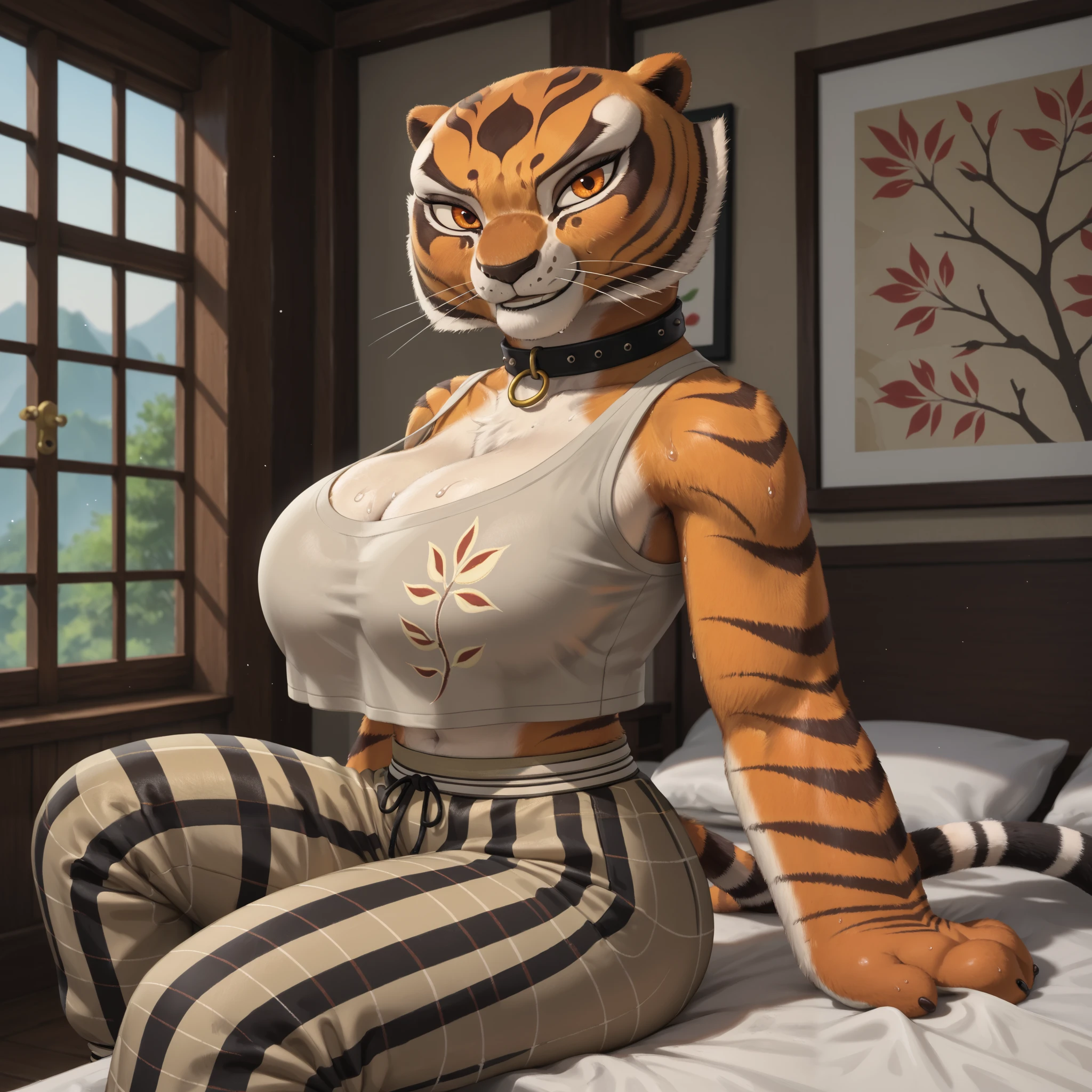 score_9, score_8_up, score_7_up, source_anime, source_furry, (beautiful, detailed background, digital artwork, digital art, well shaded artwork, depth, detailed artwork)1.2, 1girl, female, furry, anthro, Master tigress (Kung fu panda), Anthro tiger, detailed fluffy fur, bald, large expressive eyes, (detailed orange eyes, black pupils)1.2, goth girl, heavy eye makeup, black eyeliner, black mascara, black lipstick, massive breasts, heavy breasts, bulging breasts, natural breasts, wide hips, thick thighs, sitting on bed, arched back, super massive ass, bubble butt, closeup++, facing viewer, bedroom setting, big black collar, sweat, smirking, side view, tiny waist, cotton crop top, beige top, pyjama top, cleavage cutout, cotton pyjama trousers, plaid trousers, beige trousers, loose trousers