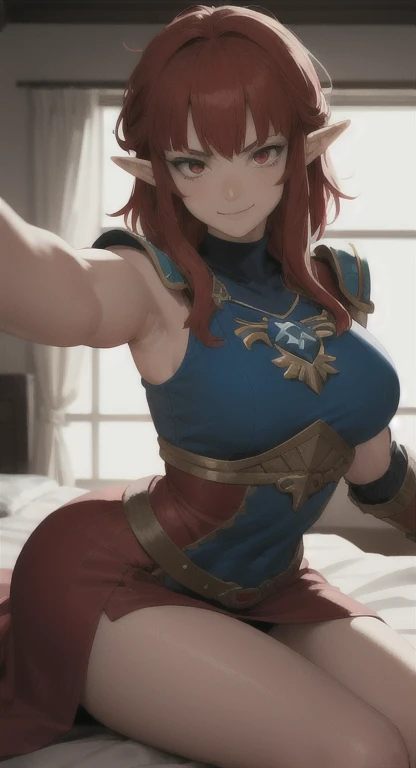 solo focus, a muscular female paladin with a short strawberry blonde ponytail loses a duel, plate mail, exposed midriff, armored skirt, sword and shield, sitting down, bedroom eyes, aroused