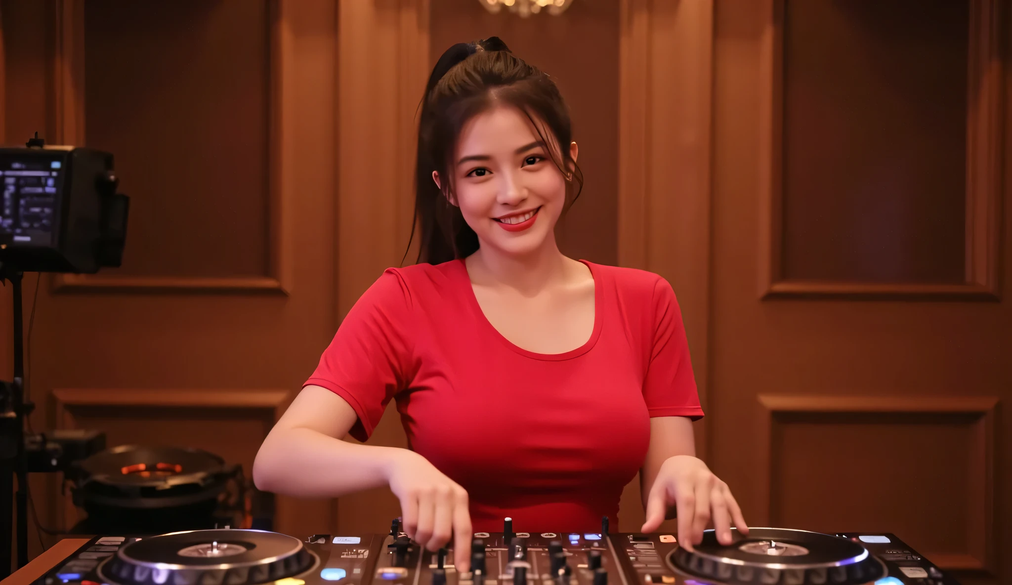 Beautiful Asian woman, wearing sexy red t-shirt, big breasts, with hair tied back, The woman is playing DJ music instrument, focus on DJ woman, smiling to camera, with brown color of special DJ room in the background, front view image