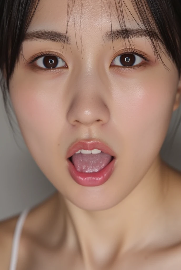 Ultra High Definition, masterpiece, accurate, 解剖学的にaccurate, textured skin, Super Detail, advanced details, high quality, Award-winning, 最high quality, 16k, Ultra High Definitionの髪, detailed faces, and realistic textured skin, (from below:1.3), Open up to your face, stick out your tongue,  open mouth  , from above, woman,face close-up、Front Map、視聴者がfrom above撮影した写真、  black hair、semi-long